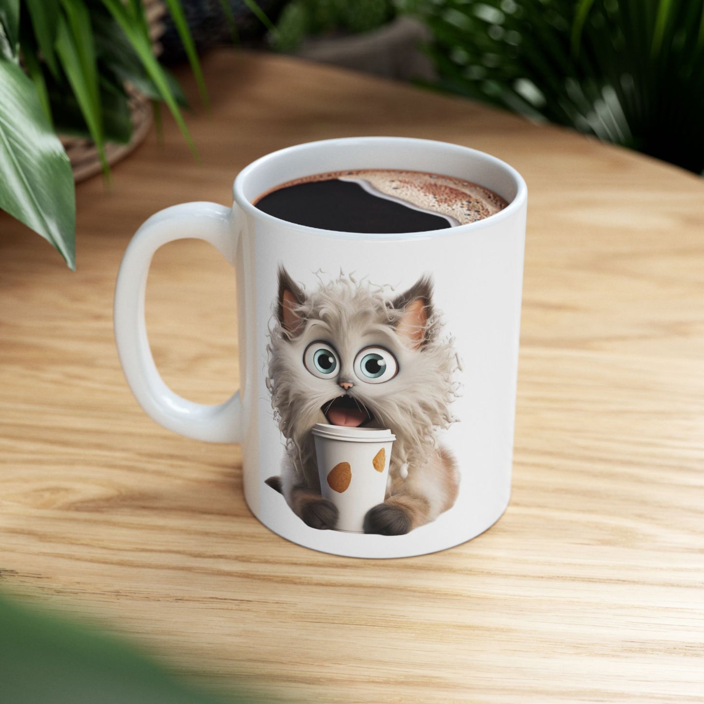 Fluffy Cat Coffee Mug – Funny Surprised Cat Holding a Coffee Cup – Personalized