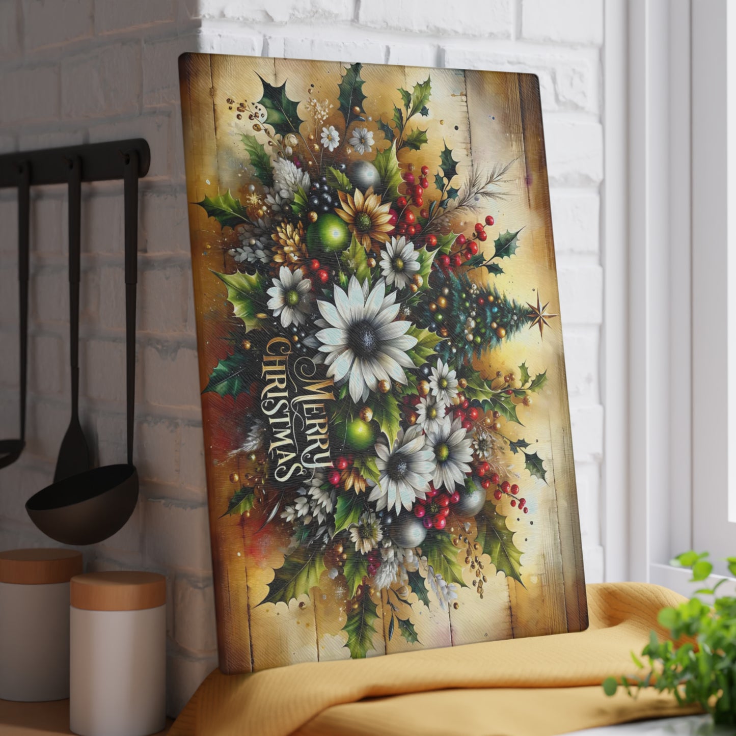 🎄✨ “Merry Christmas Florals” Glass Cutting Board – Festive Farmhouse Glow for Your Kitchen