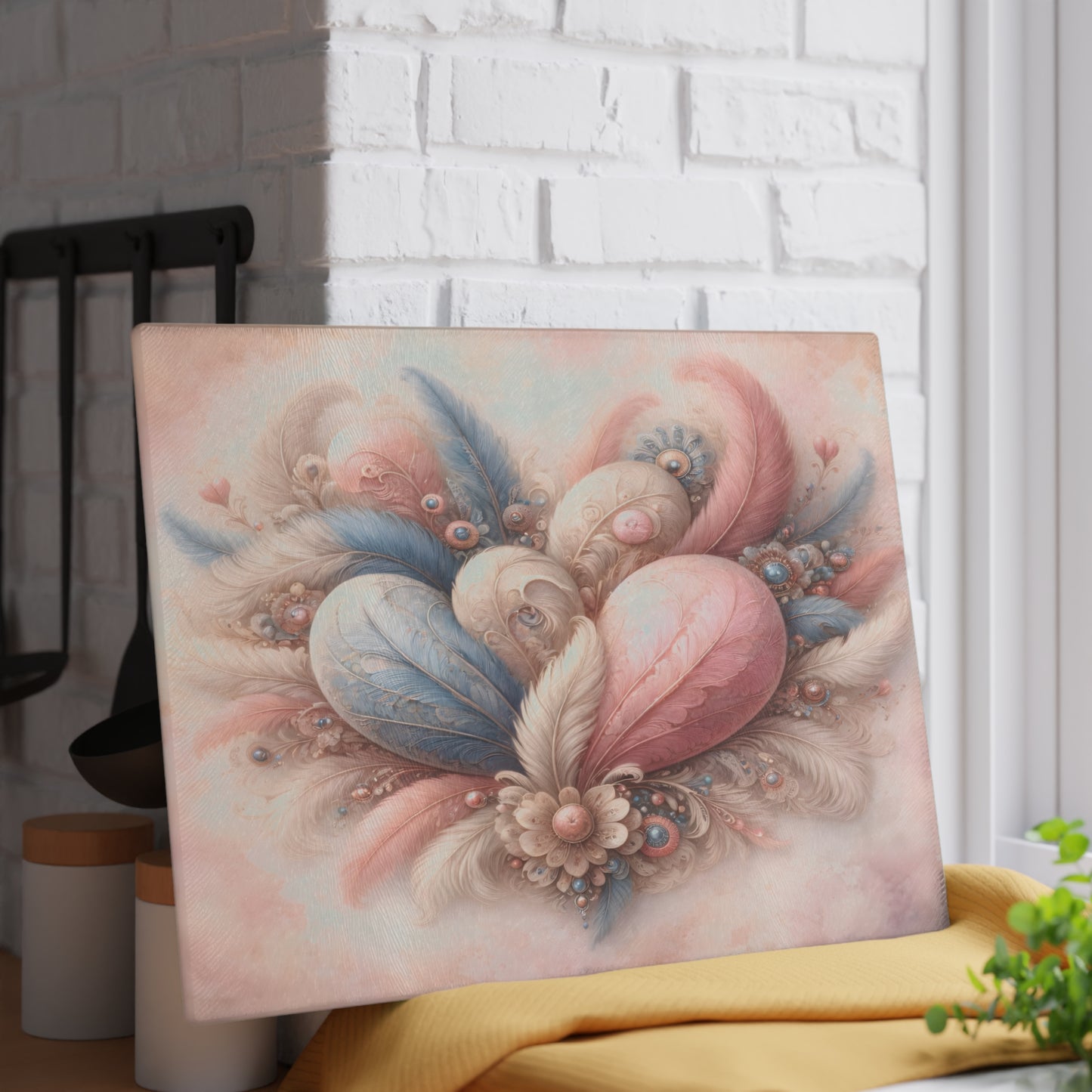 Pastel Feather Heart Glass Cutting Board – Elegant Romantic Art Kitchen Decor