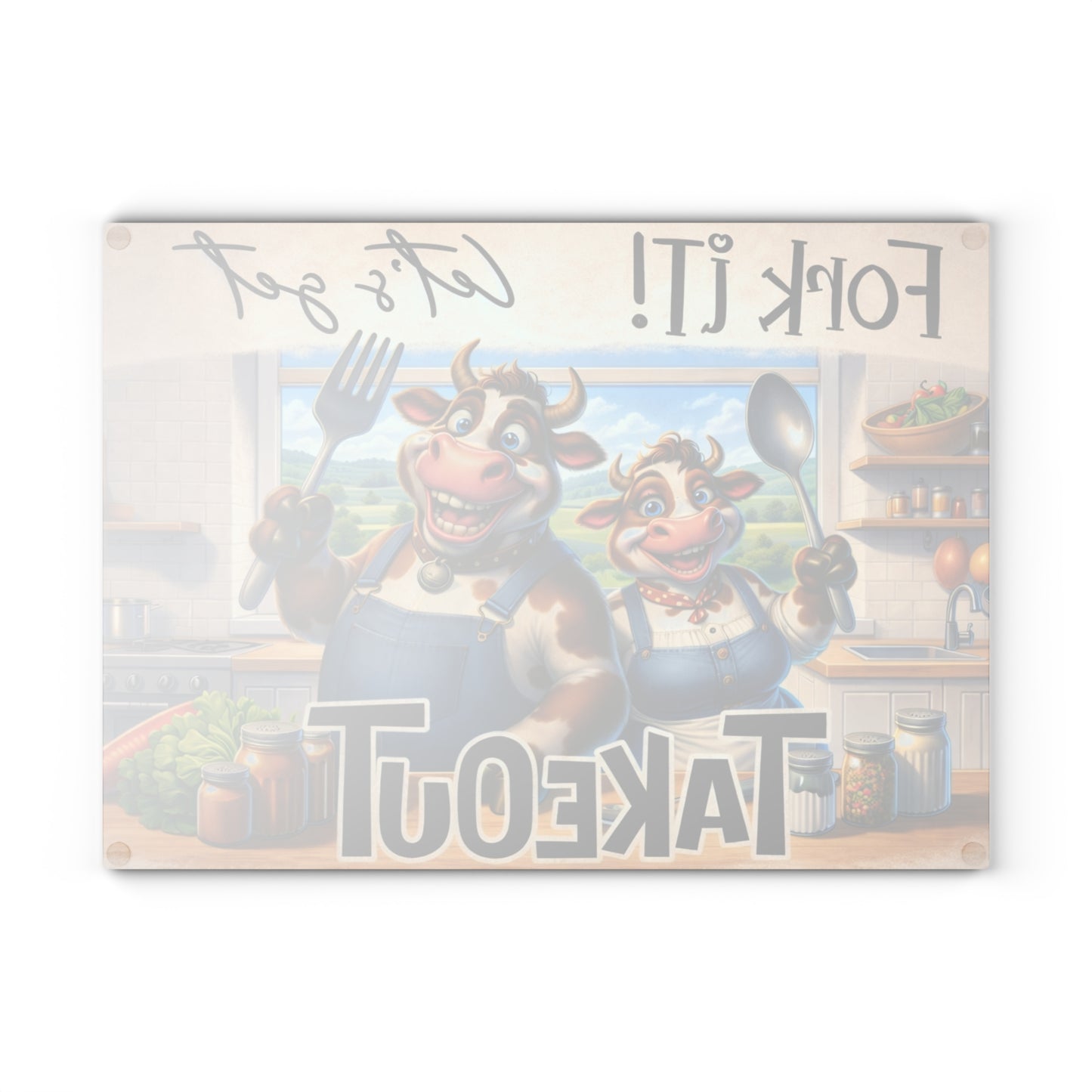 Fork It! Takeout Glass Cutting Board – Playful Cow Kitchen Art with Farmhouse Humor