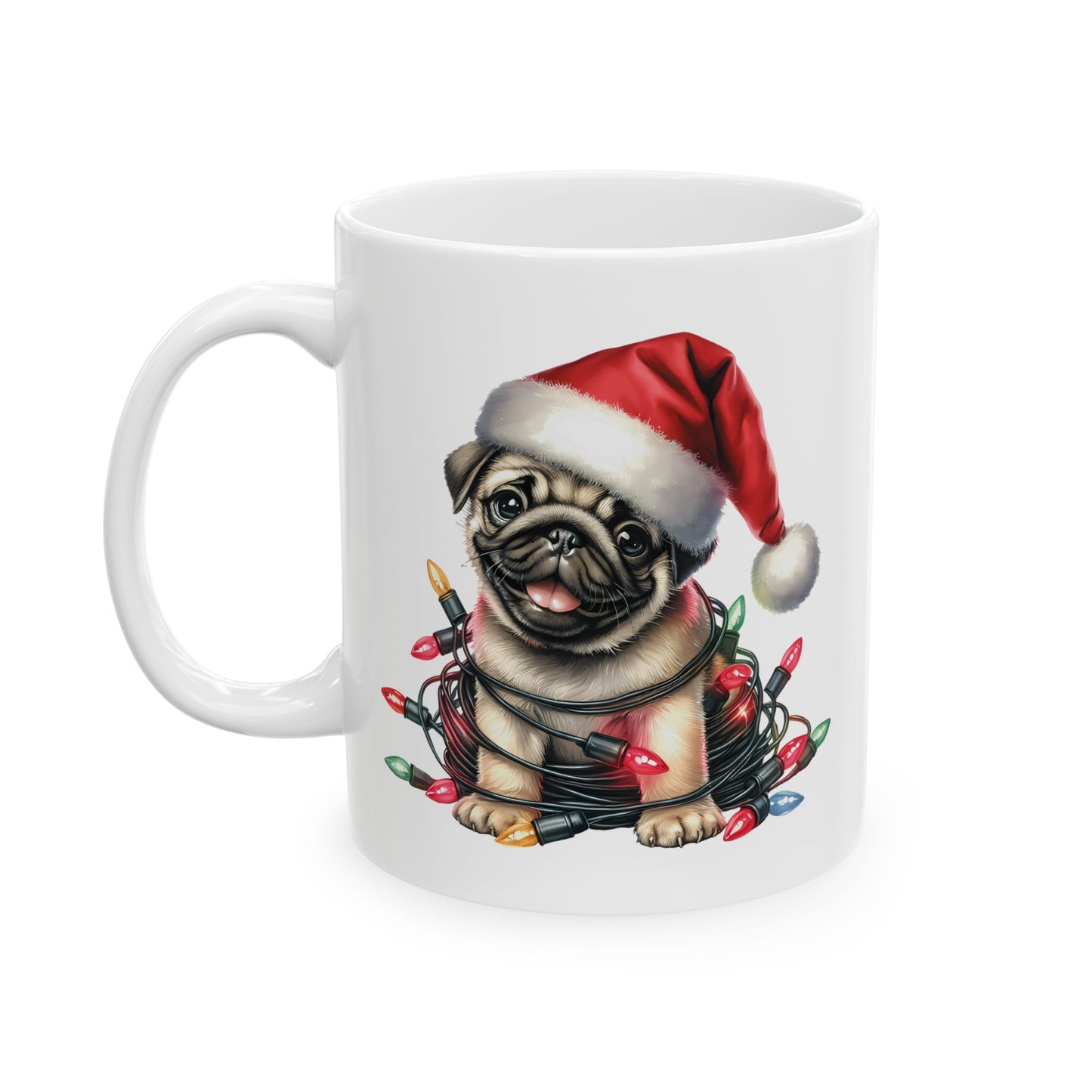 🎄 Pug Christmas Mug – Festive Santa Hat & Tangled Lights Delight 🎁