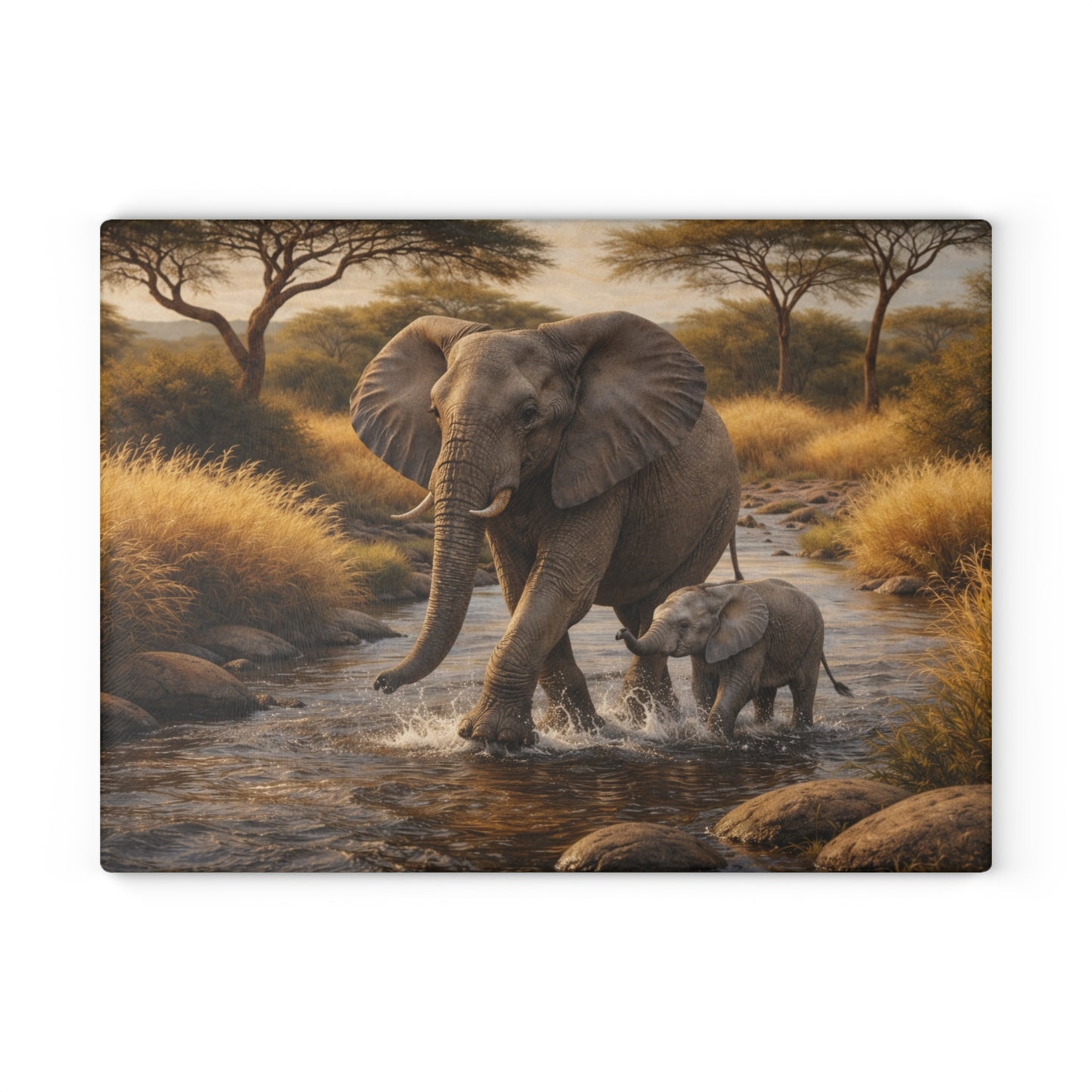 Elephant and Calf River Crossing Glass Cutting Board – Peaceful Wildlife Nature Kitchen Art