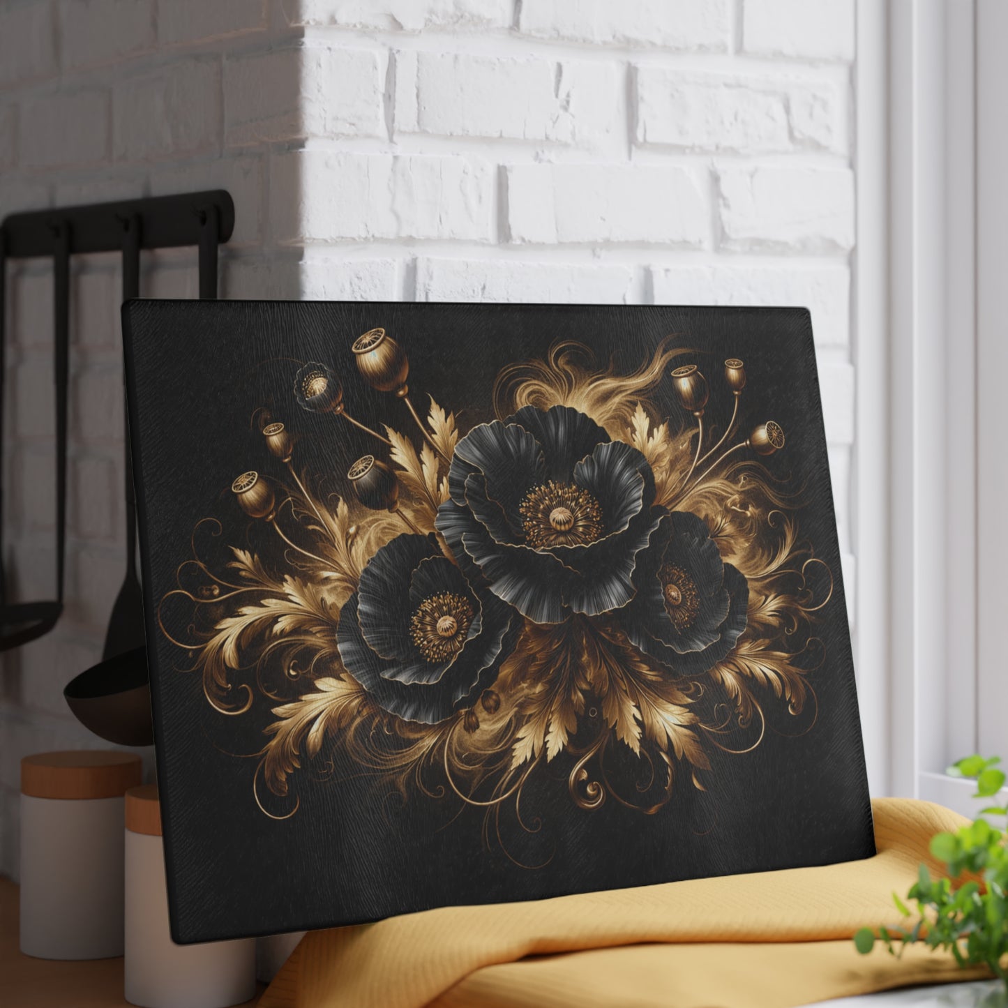 Black & Gold Floral Glass Cutting Board – Elegant Personalized Kitchen Cutting Board