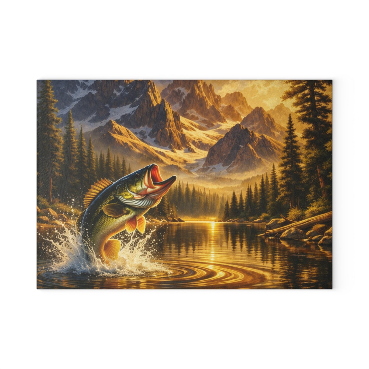 Golden Mountain Bass Glass Cutting Board – Rustic Fishing Lake Landscape Kitchen Art
