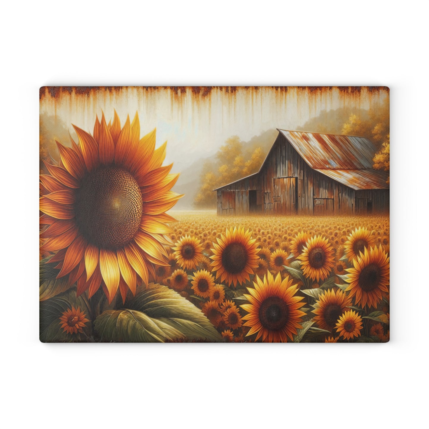 🌻🏡 Rustic Sunflower Barn Cutting Board – Timeless Farmhouse Elegance for Your Kitchen 🌾