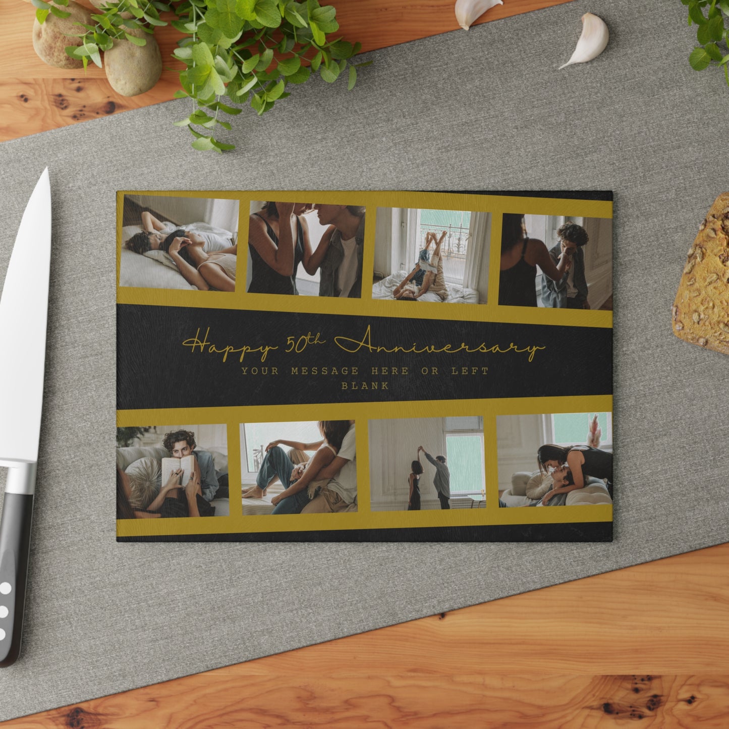 Happy 50th Anniversary or Birthday Photo Collage Glass Cutting Board – Personalized Milestone Keepsake