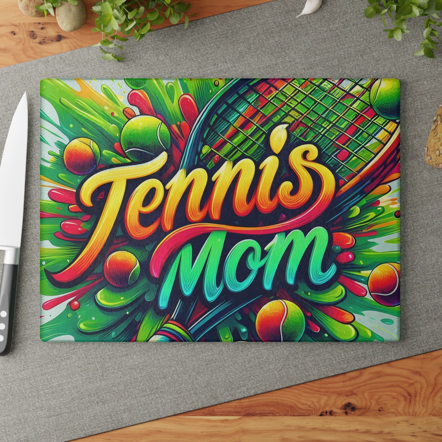 🎾 Tennis Mom Cutting Board – Colorful Splash for Your Kitchen 🎨