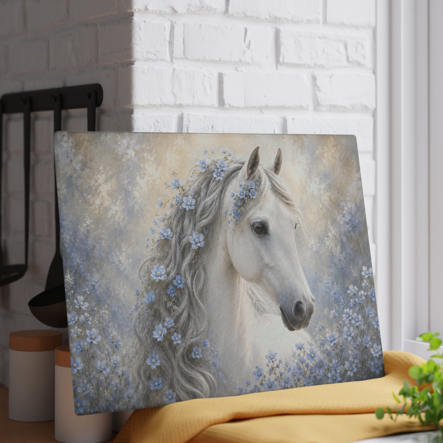 White Horse with Blue Flowers Glass Cutting Board – Elegant Floral Horse Kitchen Decor
