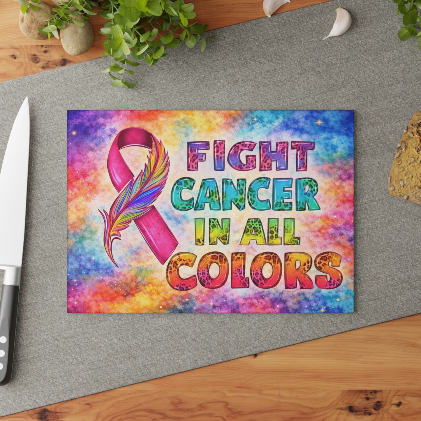 Fight Cancer in All Colors Glass Cutting Board – Rainbow Awareness Ribbon Strength Design