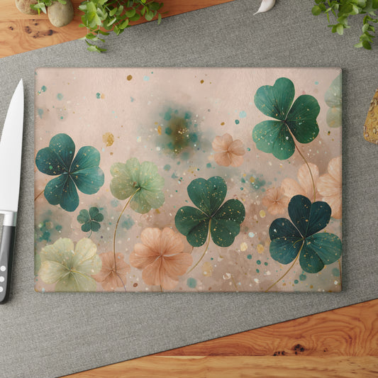 Pastel Shamrock Floral Glass Cutting Board – Soft Irish Clover Spring Kitchen Art