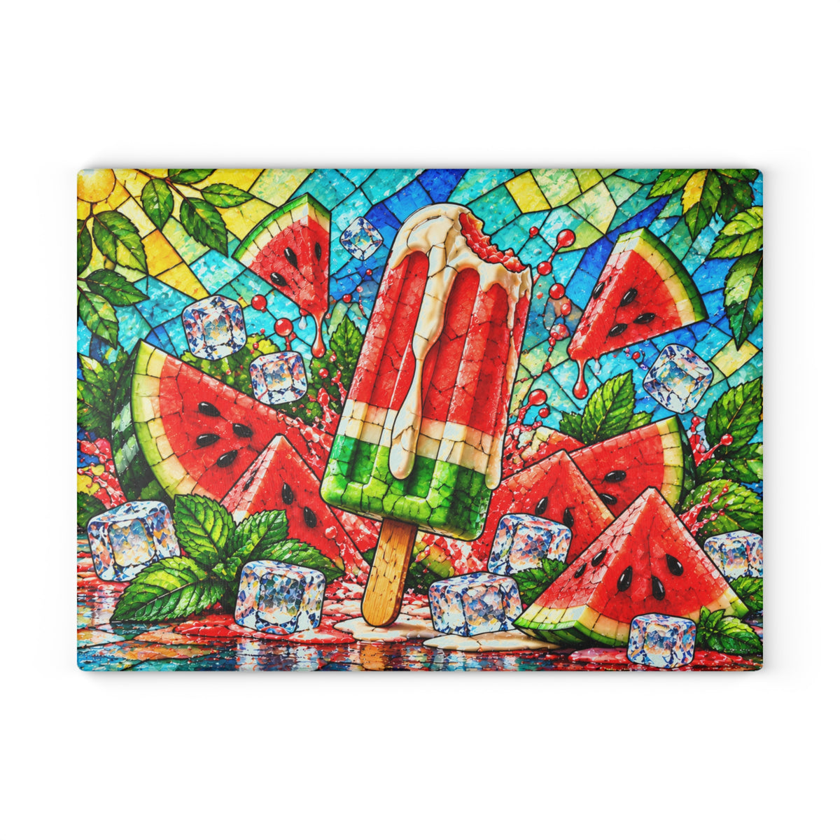 Fruit Popsicle Stained-Glass-Look Glass Cutting Board – Colorful Summer Fruit Kitchen Decor