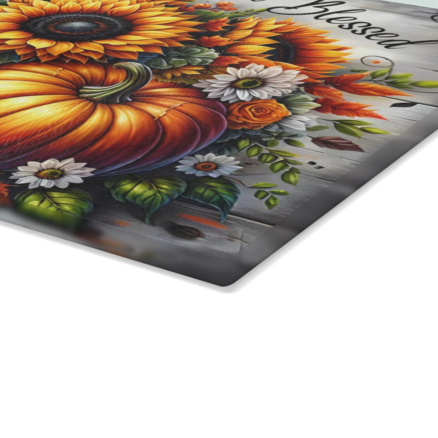 🍂🌻 “Thankful • Grateful • Blessed” Glass Cutting Board – Harvest Glow for Your Kitchen