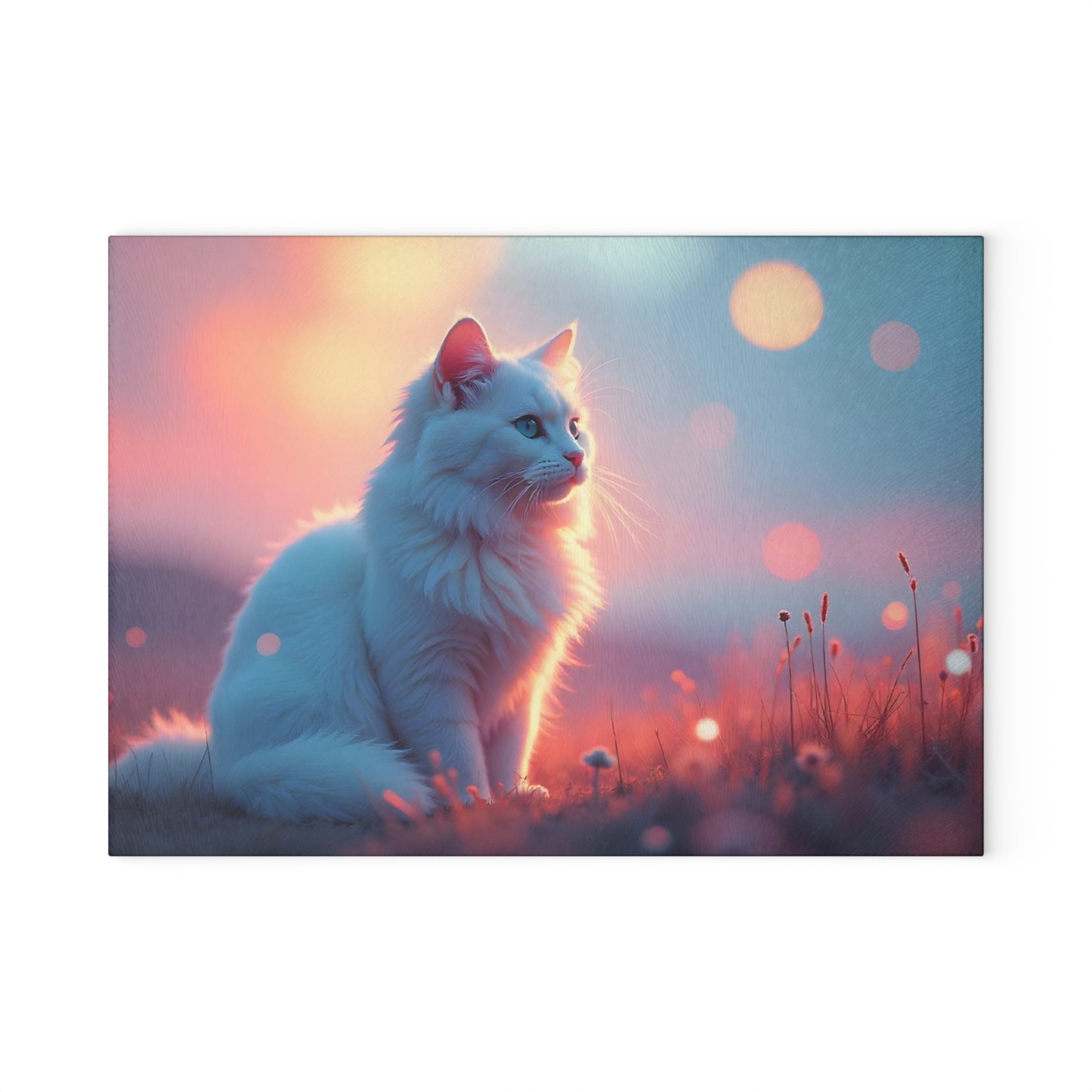 🐱🌅 White Cat Sunset Glow Cutting Board – Serene Elegance for Your Kitchen ✨