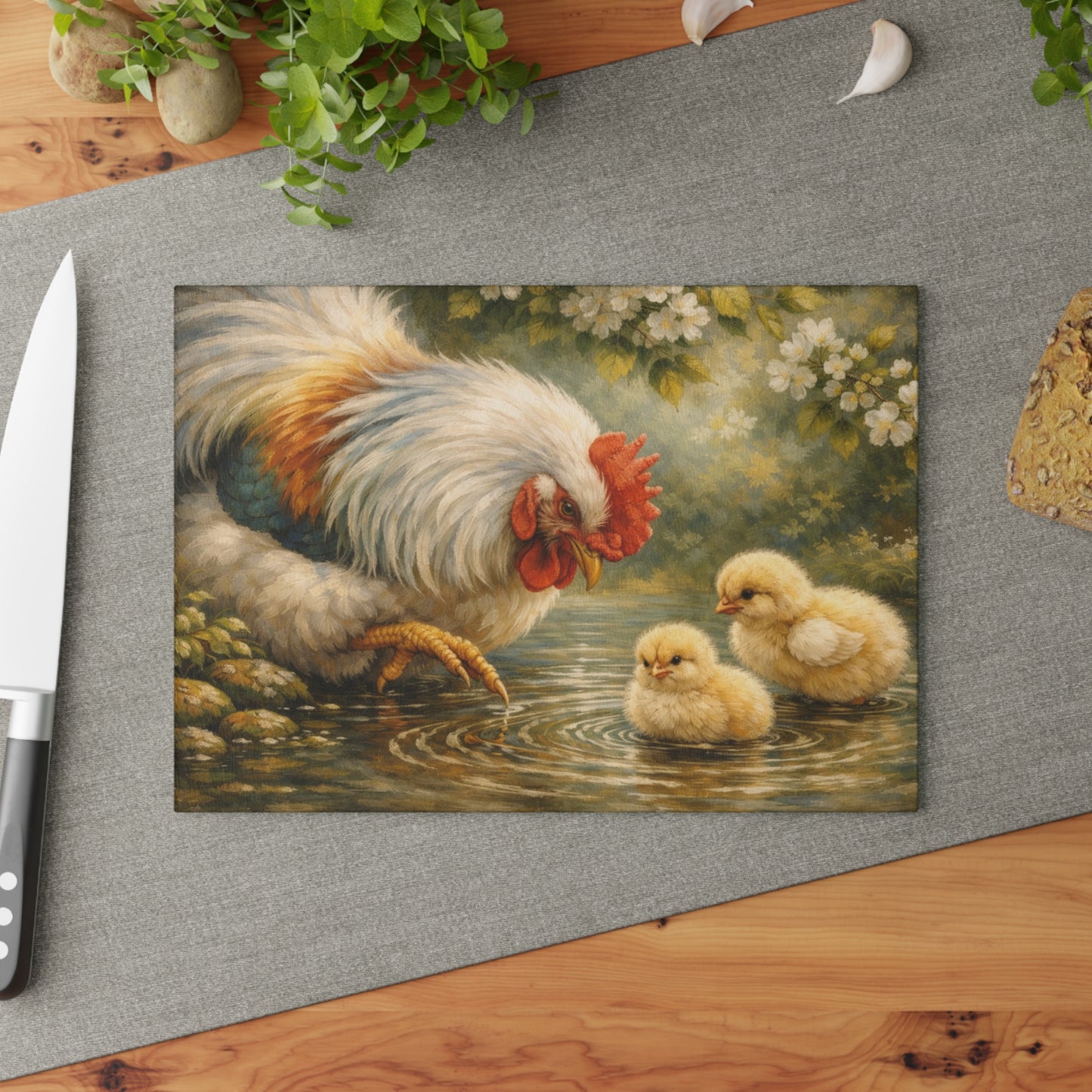 Mother Hen and Chicks Glass Cutting Board – Farmhouse Chicken Kitchen Decor