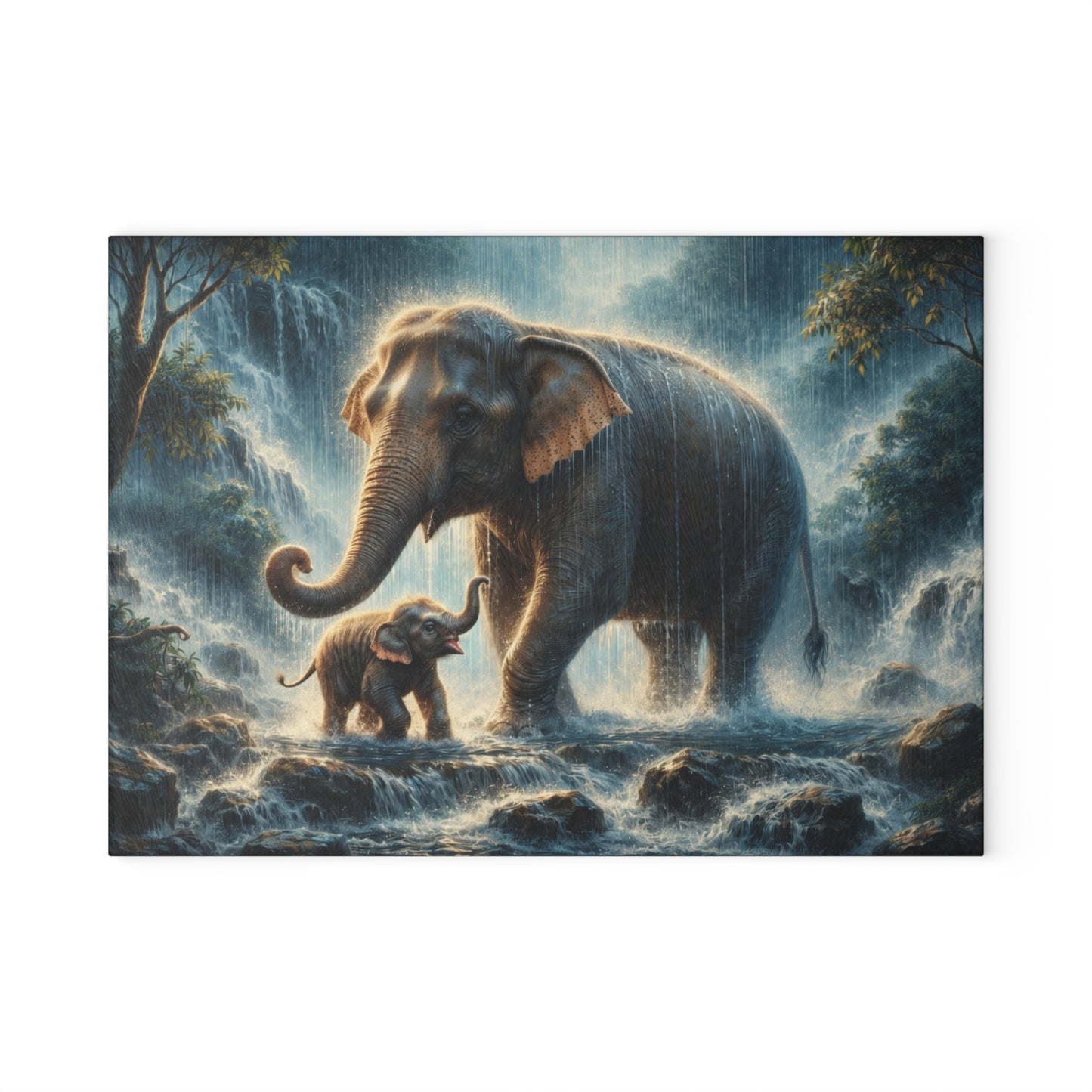 Elephant and Calf Rainforest Waterfall Glass Cutting Board – Dramatic Wildlife Kitchen Art