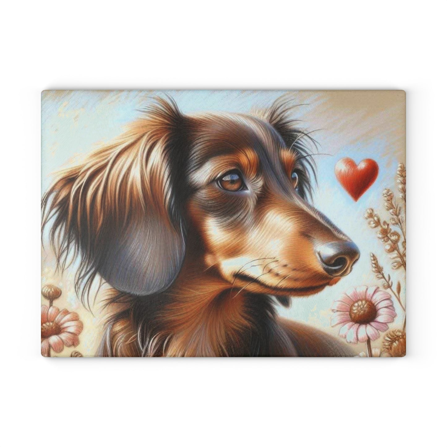 🐾 Dachshund Love Cutting Board – Whimsical Heart & Floral Charm for Your Kitchen
