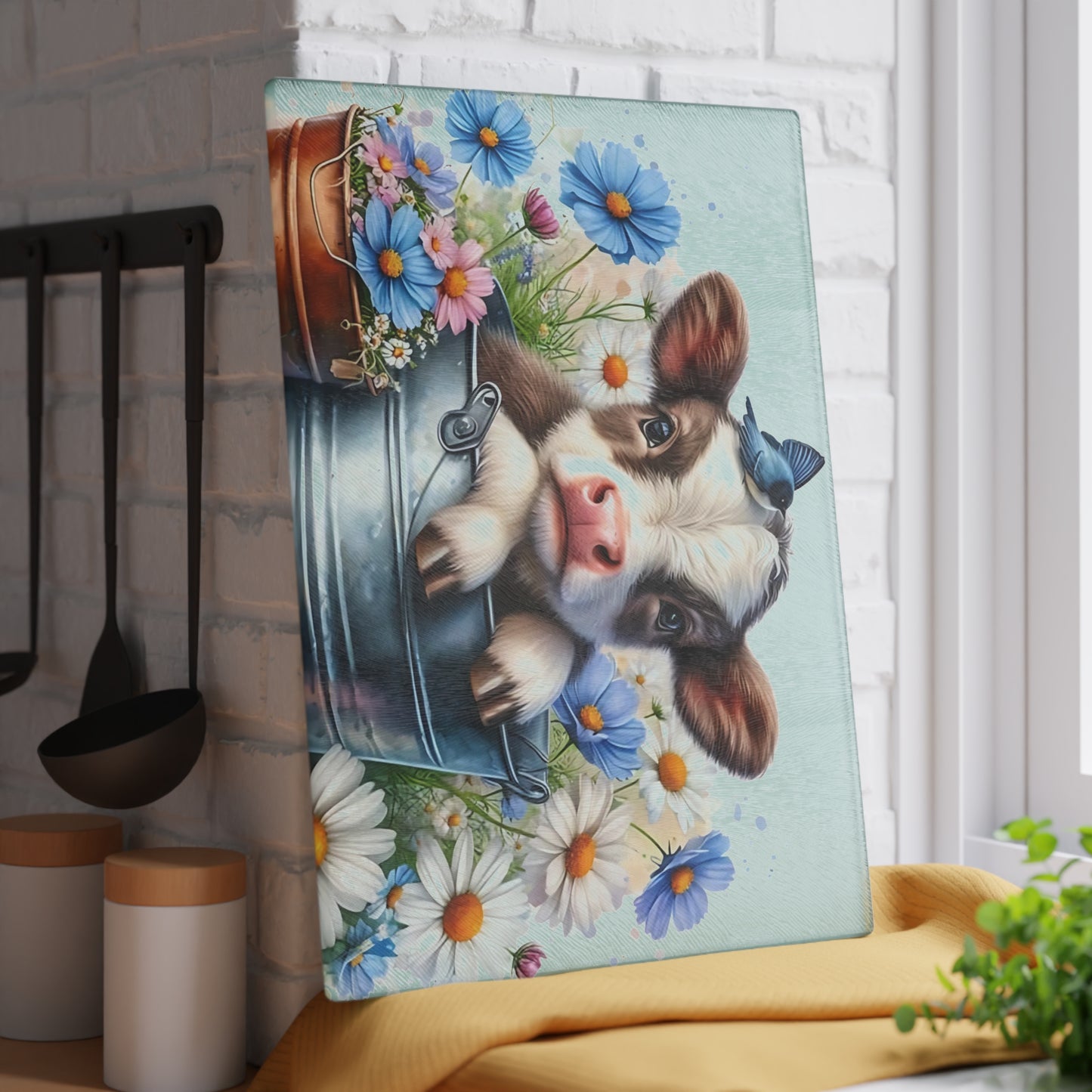 🐮 Baby Cow in Bucket with Blue Daisies Cutting Board – Farmhouse Charm for Your Kitchen 🌼