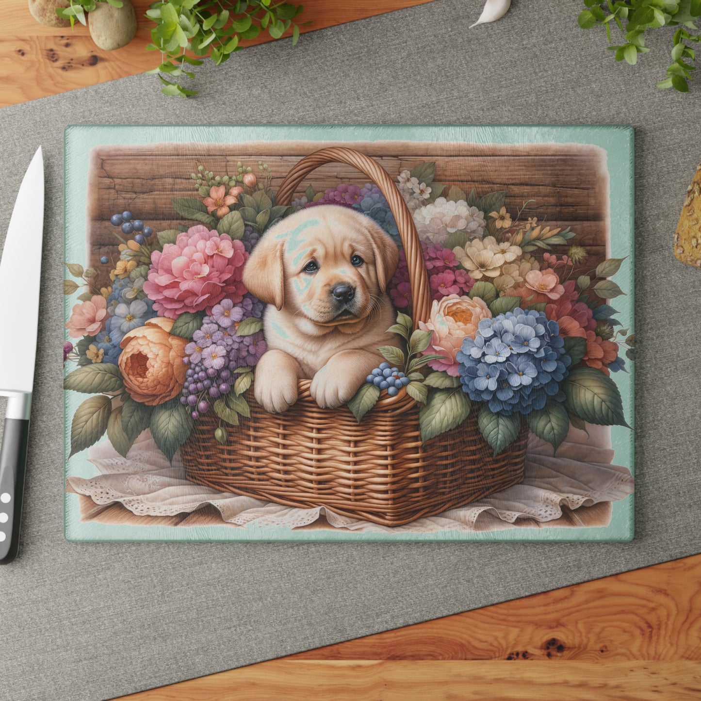 🐾🌸 Light Wood Basket Labrador Puppy Cutting Board – Classic Elegance with Floral Charm 🌼