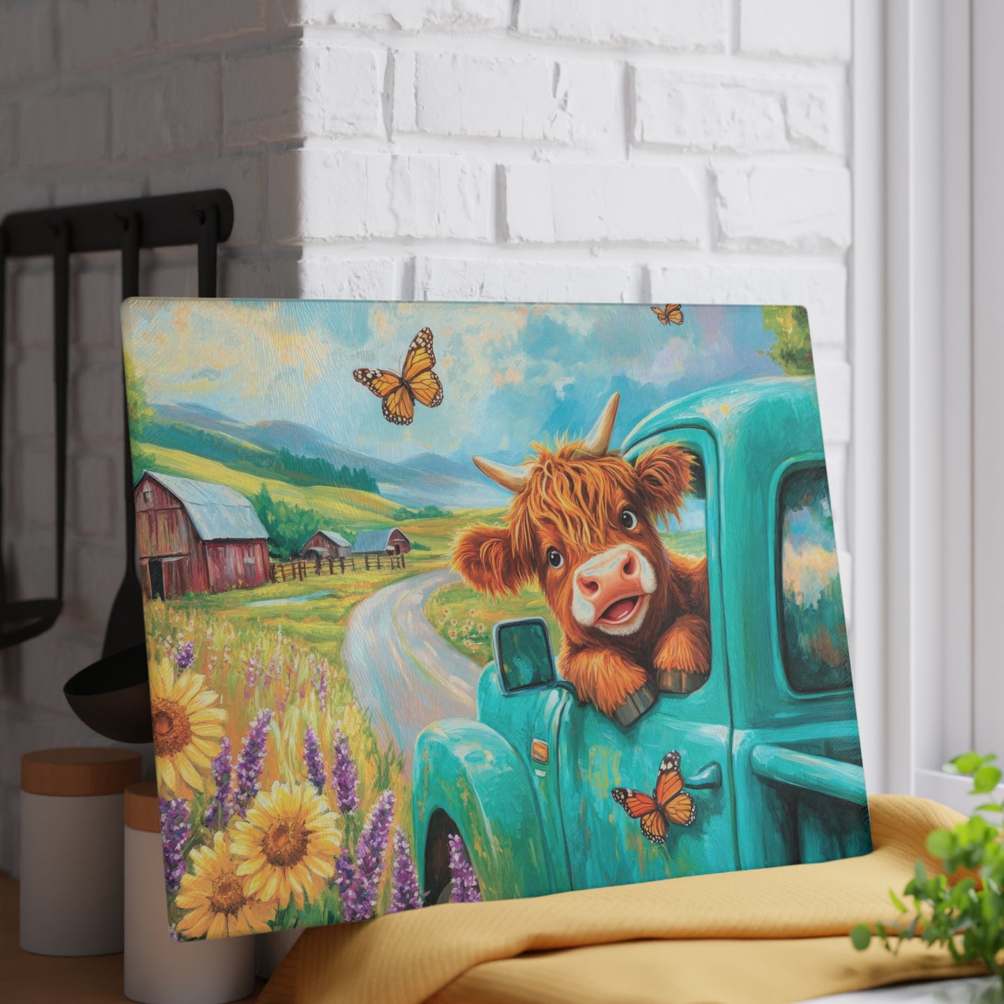 🚜🌻 Baby Highland Cow in Old Truck Glass Cutting Board – Rustic Farm Charm with Sunflowers & Barn 🌼