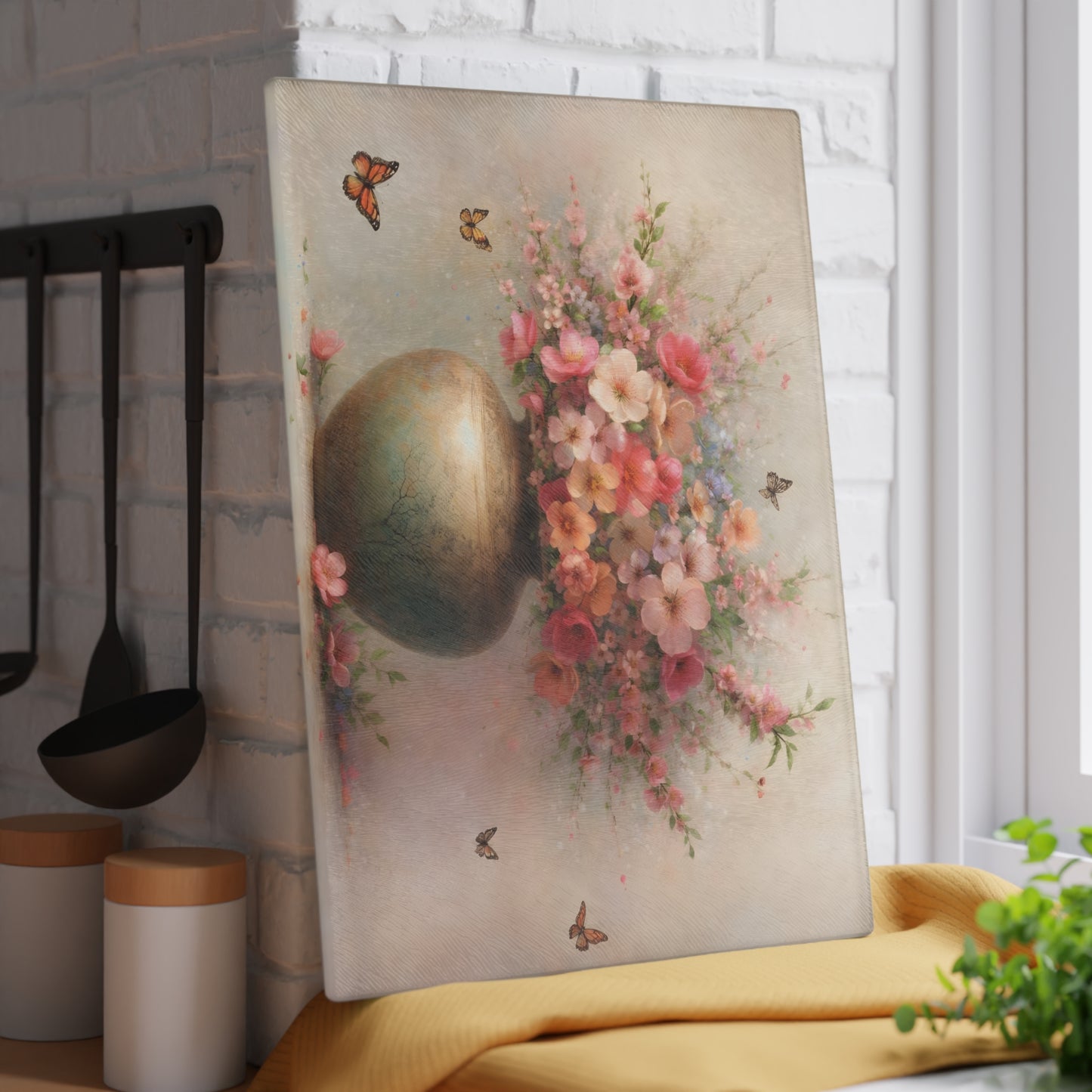 Blossoming Floral Vase with Butterflies Glass Cutting Board – Elegant Botanical Kitchen Art