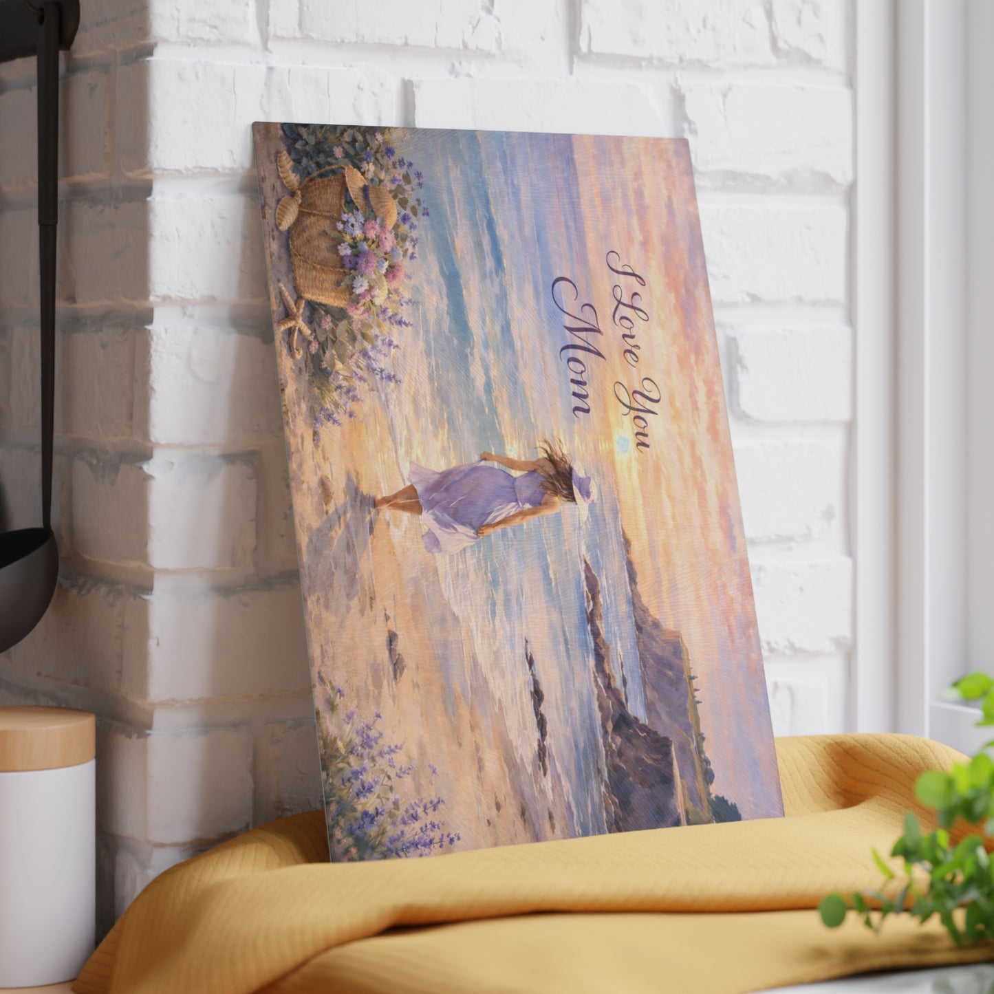 “I Love You Mom” Beach Sunset Glass Cutting Board – Mother’s Day Gift for Mom