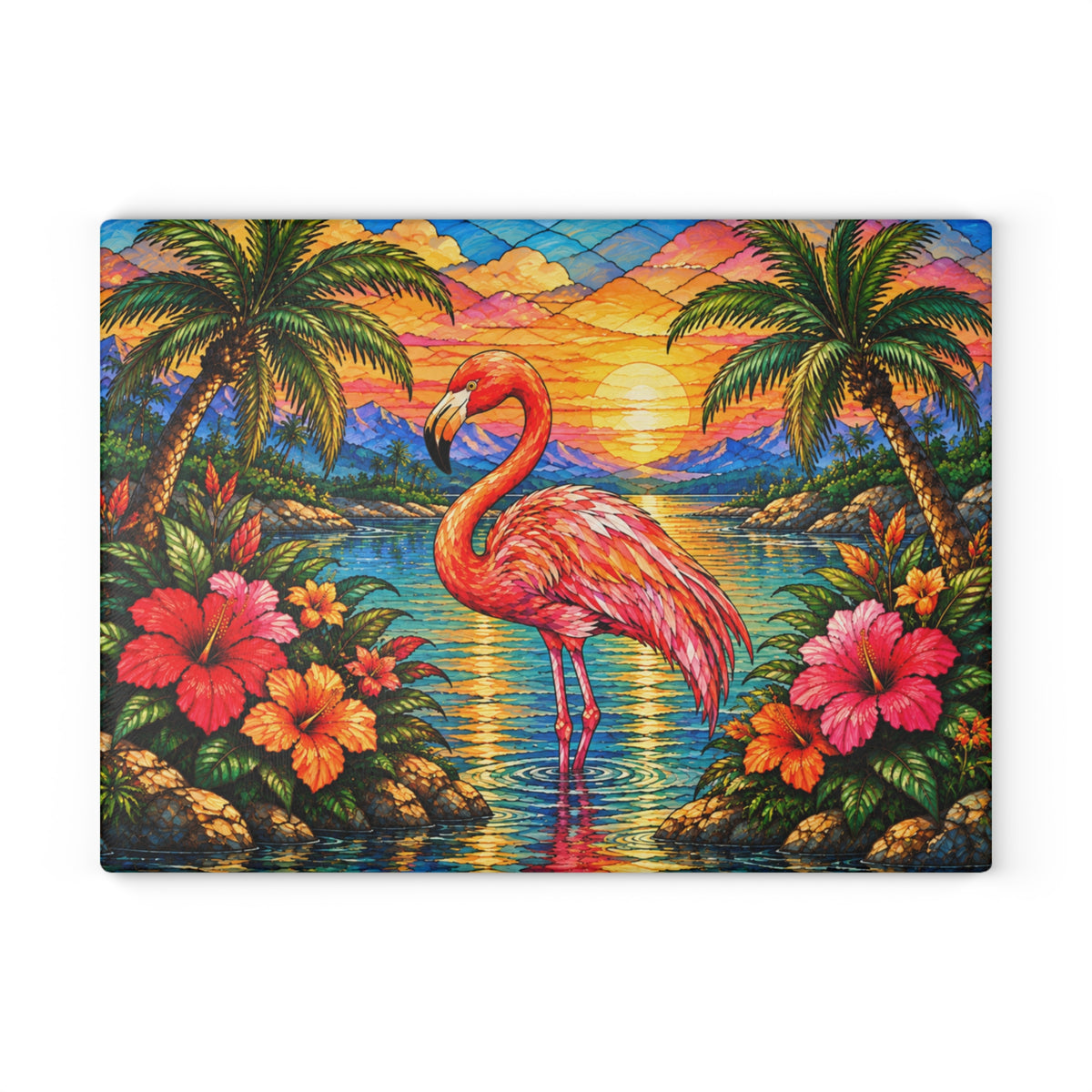 Stained-Glass-Inspired Pink Flamingo Cutting Board – Tropical Sunset, Palm Trees, Colorful Hibiscus Flowers & Coastal Kitchen Décor