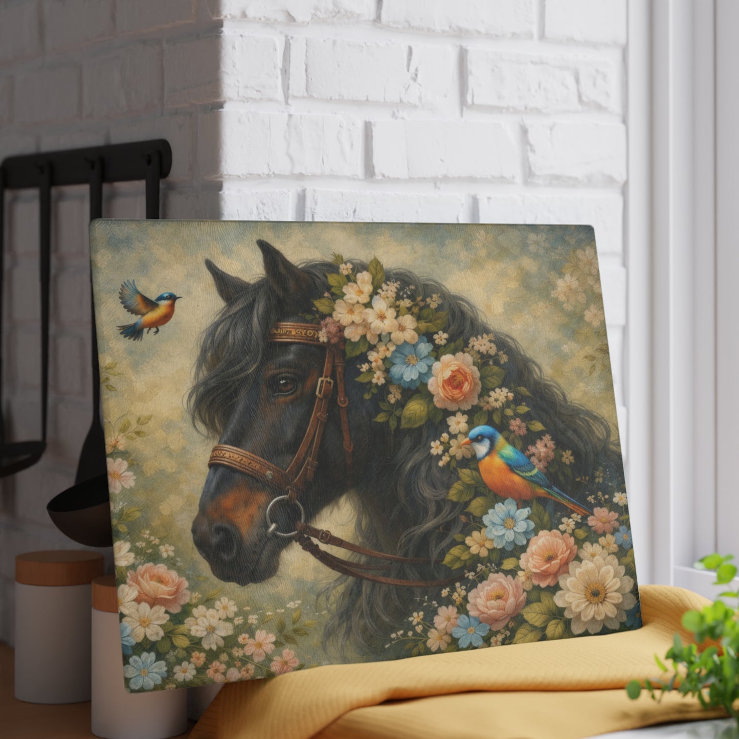 Floral Horse Glass Cutting Board – Elegant Country Farmhouse Kitchen Decor with Birds and Garden Flowers