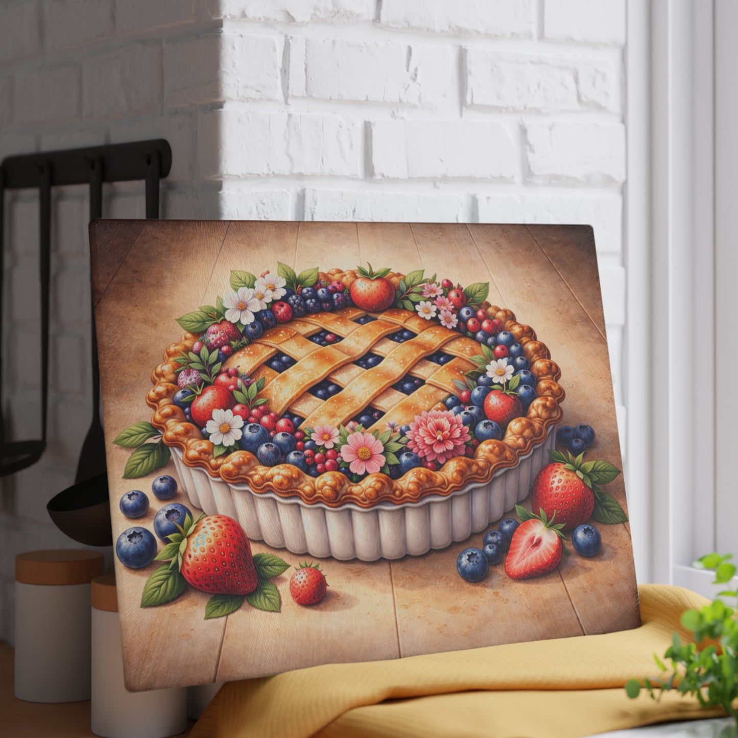Berry Blossom Pie Glass Cutting Board – Vintage Farmhouse Dessert Kitchen Art