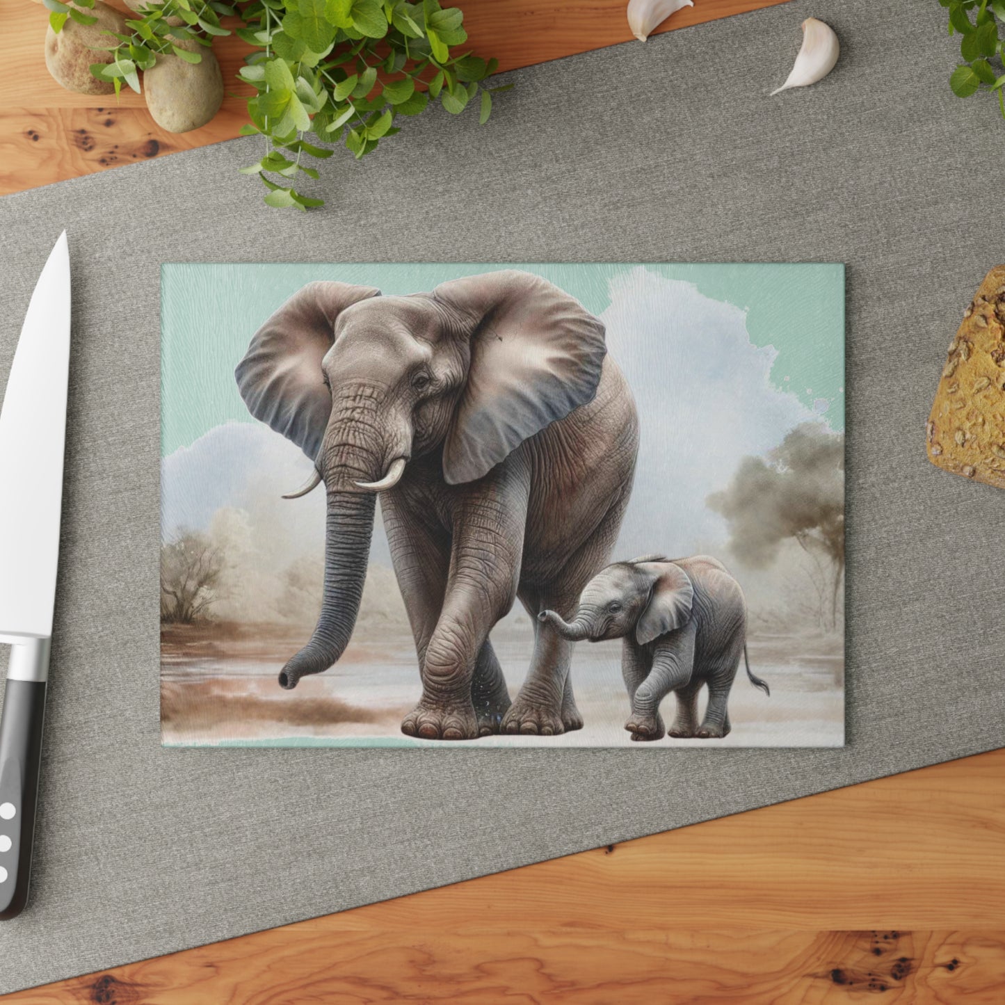 Mama Elephant and baby tempered glass cutting board