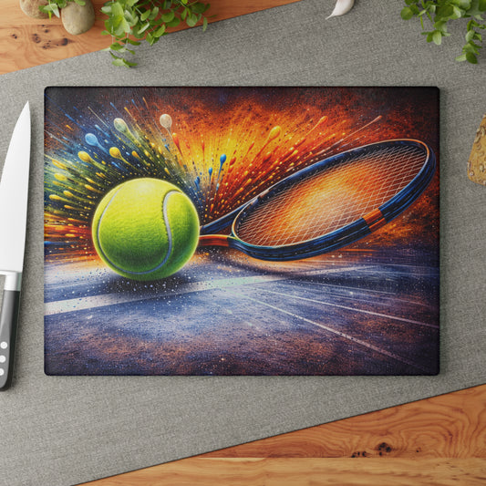 Tennis Racket and Ball Color Splash Glass Cutting Board – Vibrant Sports Kitchen Decor