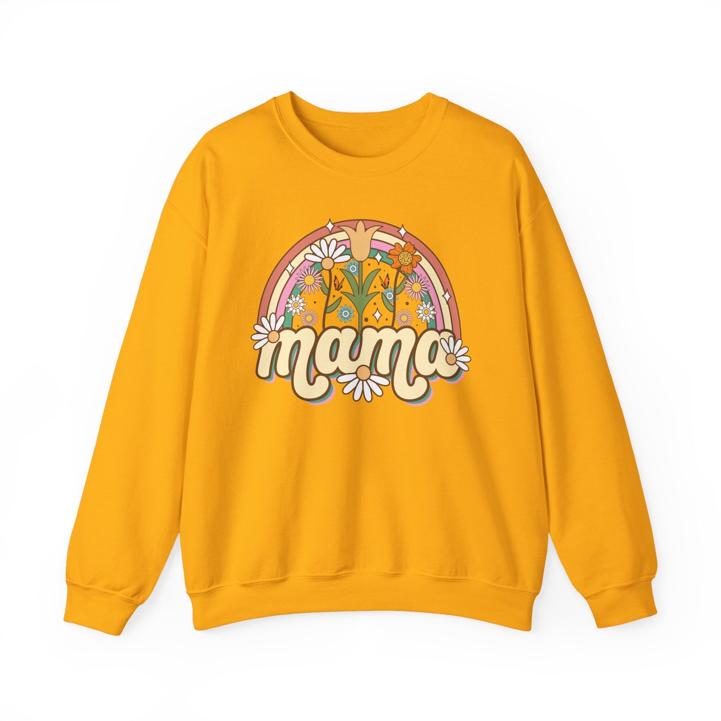 🌼🌈 Retro Floral Mama Sweatshirt – Vintage Rainbow Daisy Mom Crewneck