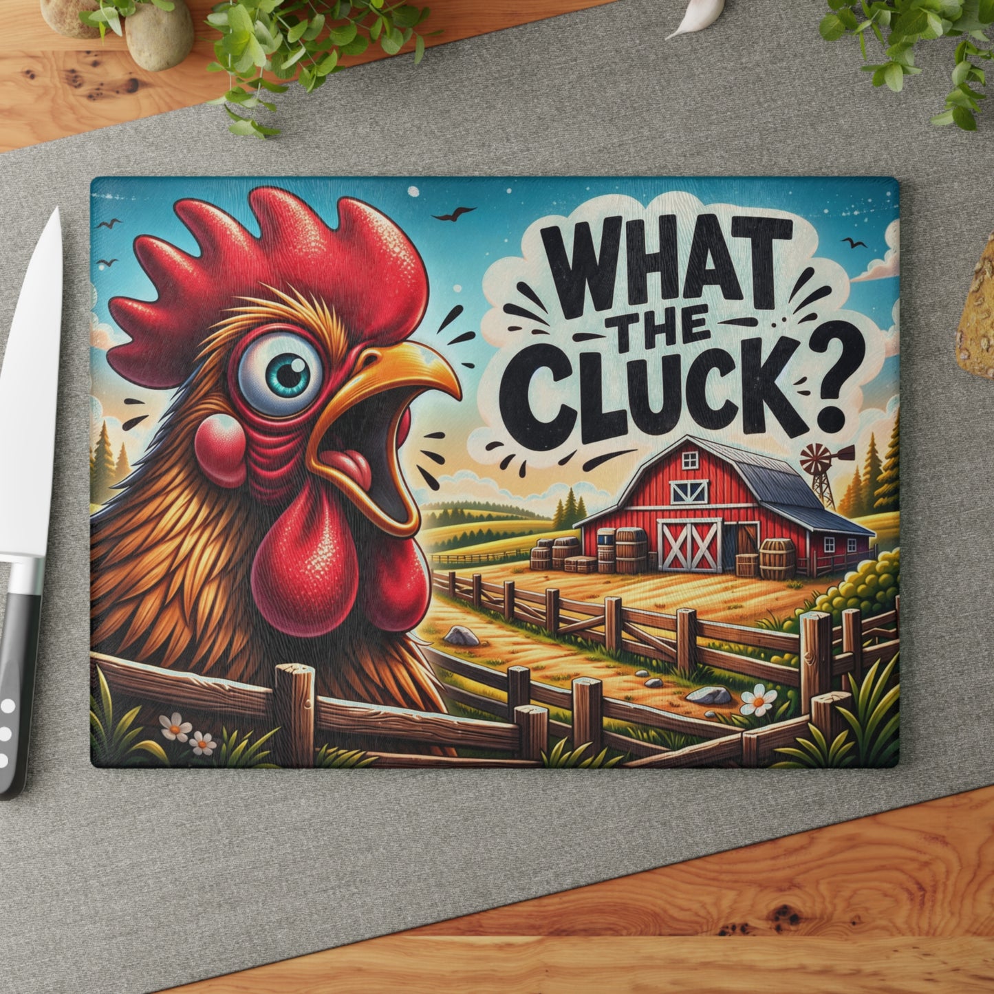 What the Cluck Glass Cutting Board – Funny Farm Rooster Kitchen Decor