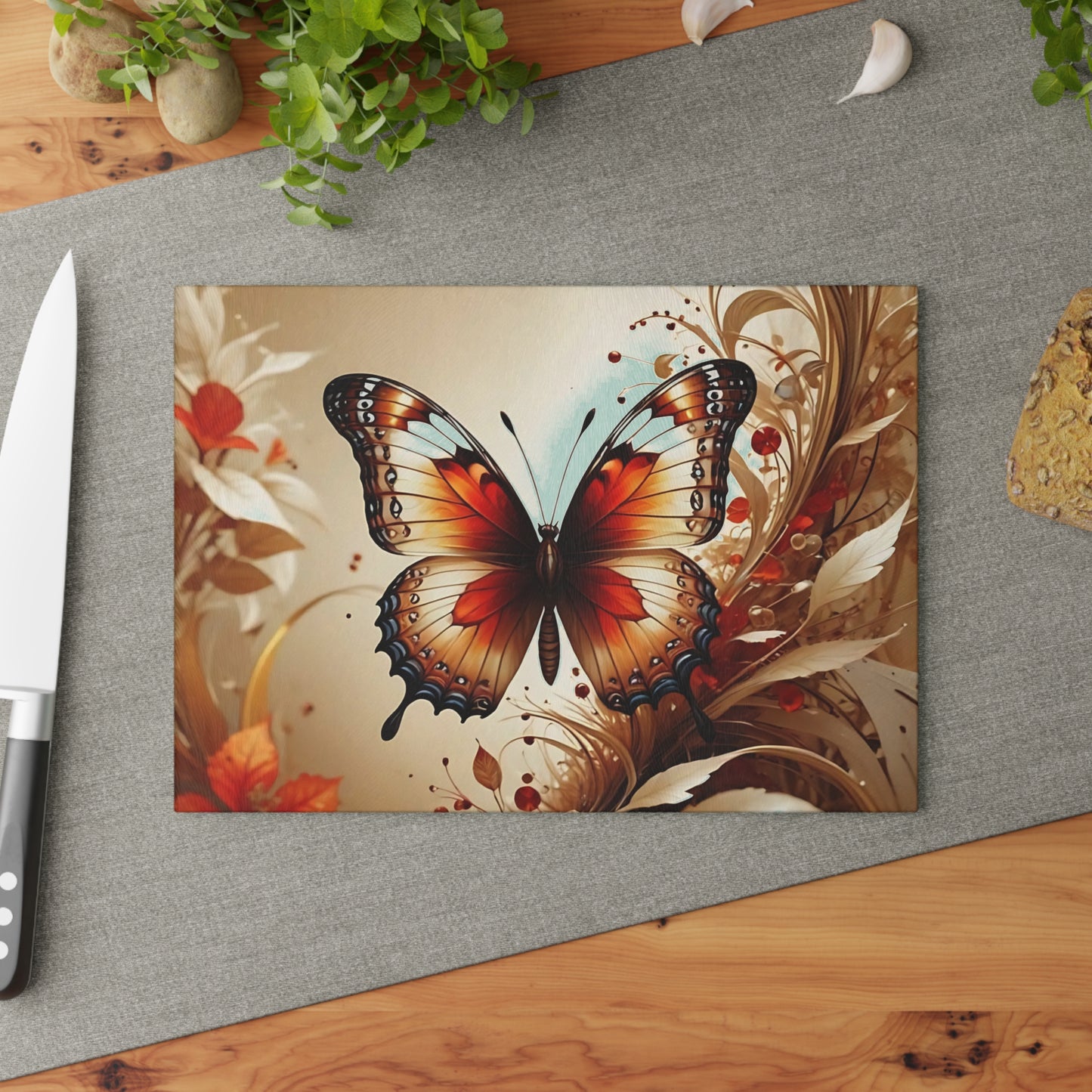 Hermosa tabla de cortar de vidrio con forma de mariposa, decoración de mariposas, tabla de cortar, decoración de cocina, arte de cocina, tabla para servir, regalo de pavo real, regalo de mariposa, tabla de cortar floral