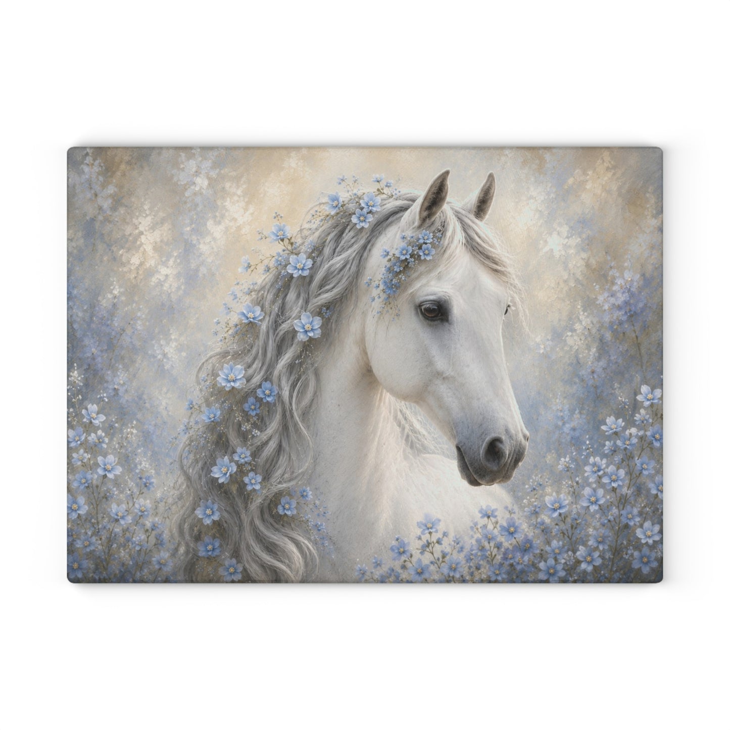 White Horse with Blue Flowers Glass Cutting Board – Elegant Floral Horse Kitchen Decor