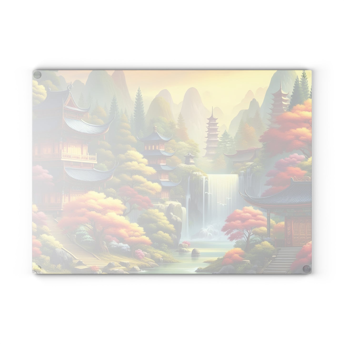 🍁🏯 Tranquil Pagoda Falls Cutting Board – Serene Autumn Landscape Art 🏯🍁