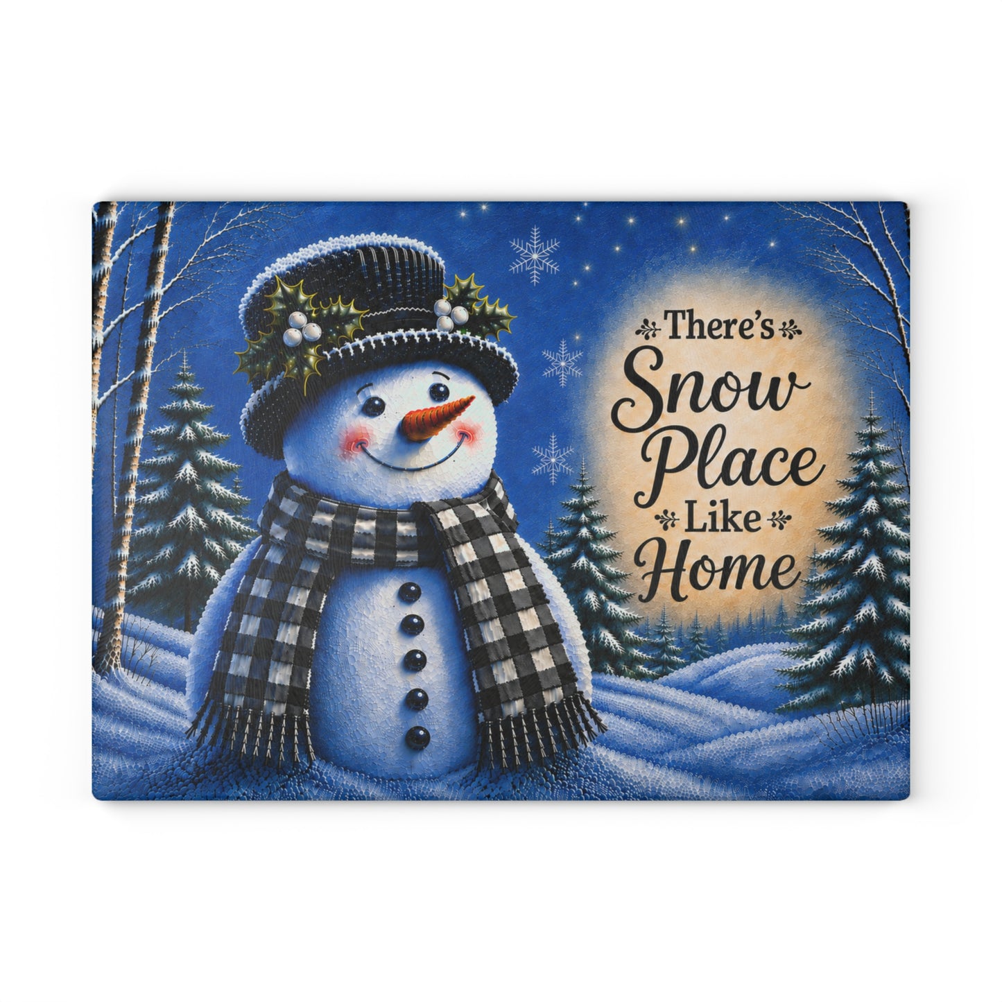 There’s Snow Place Like Home Snowman Glass Cutting Board – Black & White Plaid Winter Kitchen Decor
