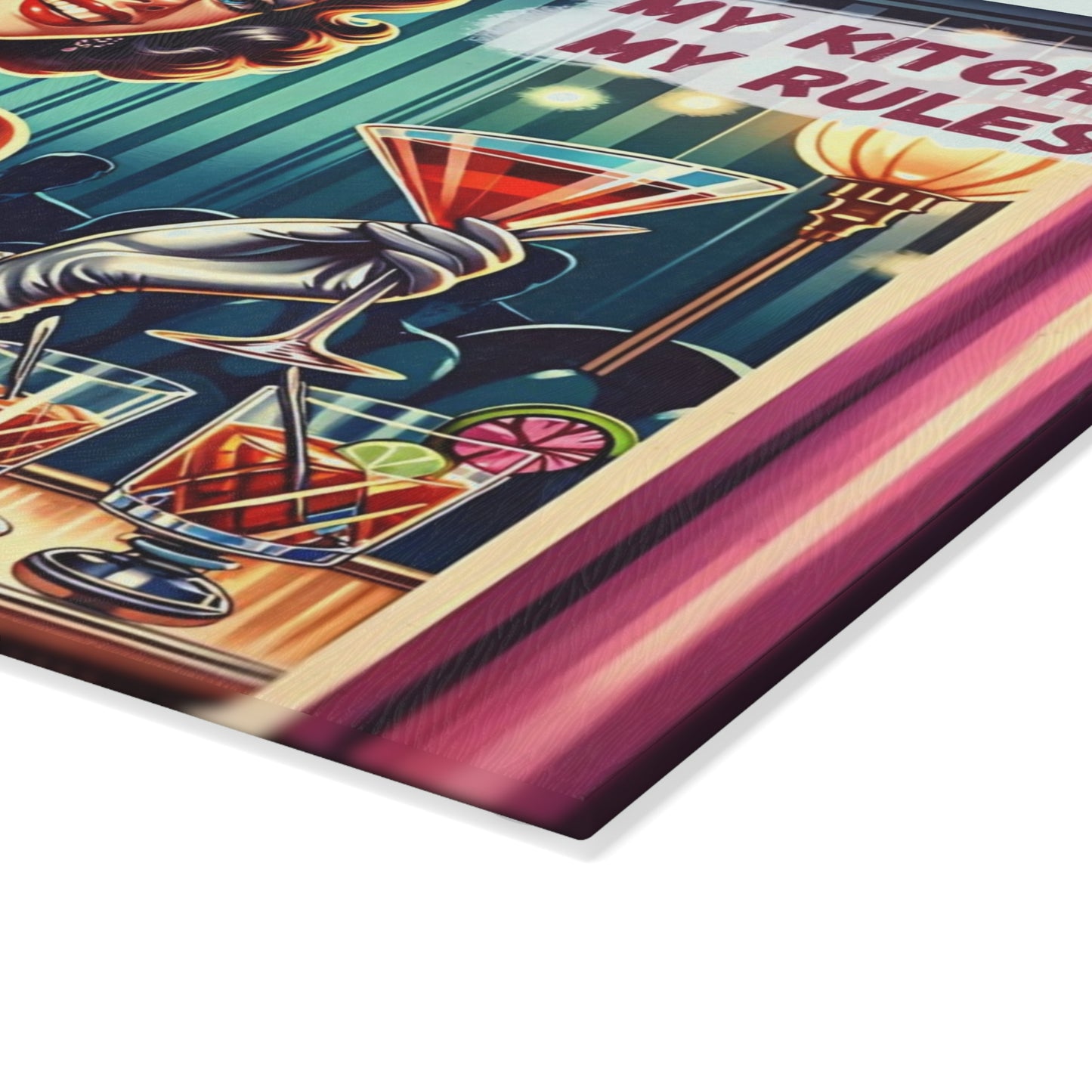 🍸💋 “My Kitchen, My Rules!” Retro Glam Glass Cutting Board – Sassy Vintage Bar Vibes