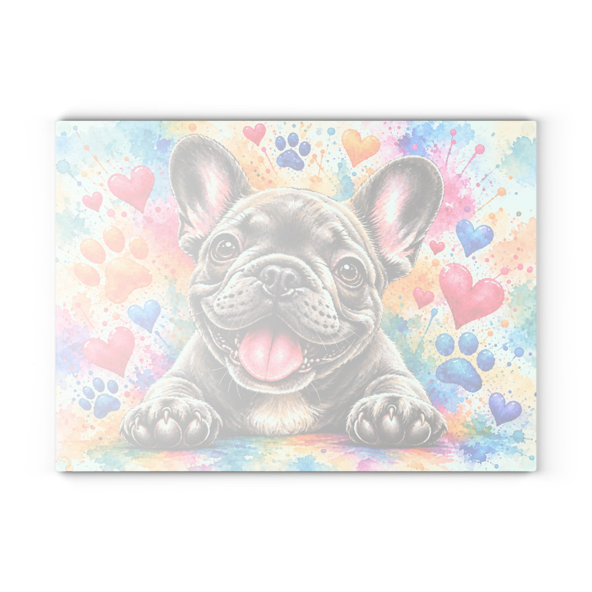Adorable French Bulldog Tempered Glass Cutting Board – Colorful Watercolor Puppy with Hearts and Paw Prints – 11 × 15 Inches
