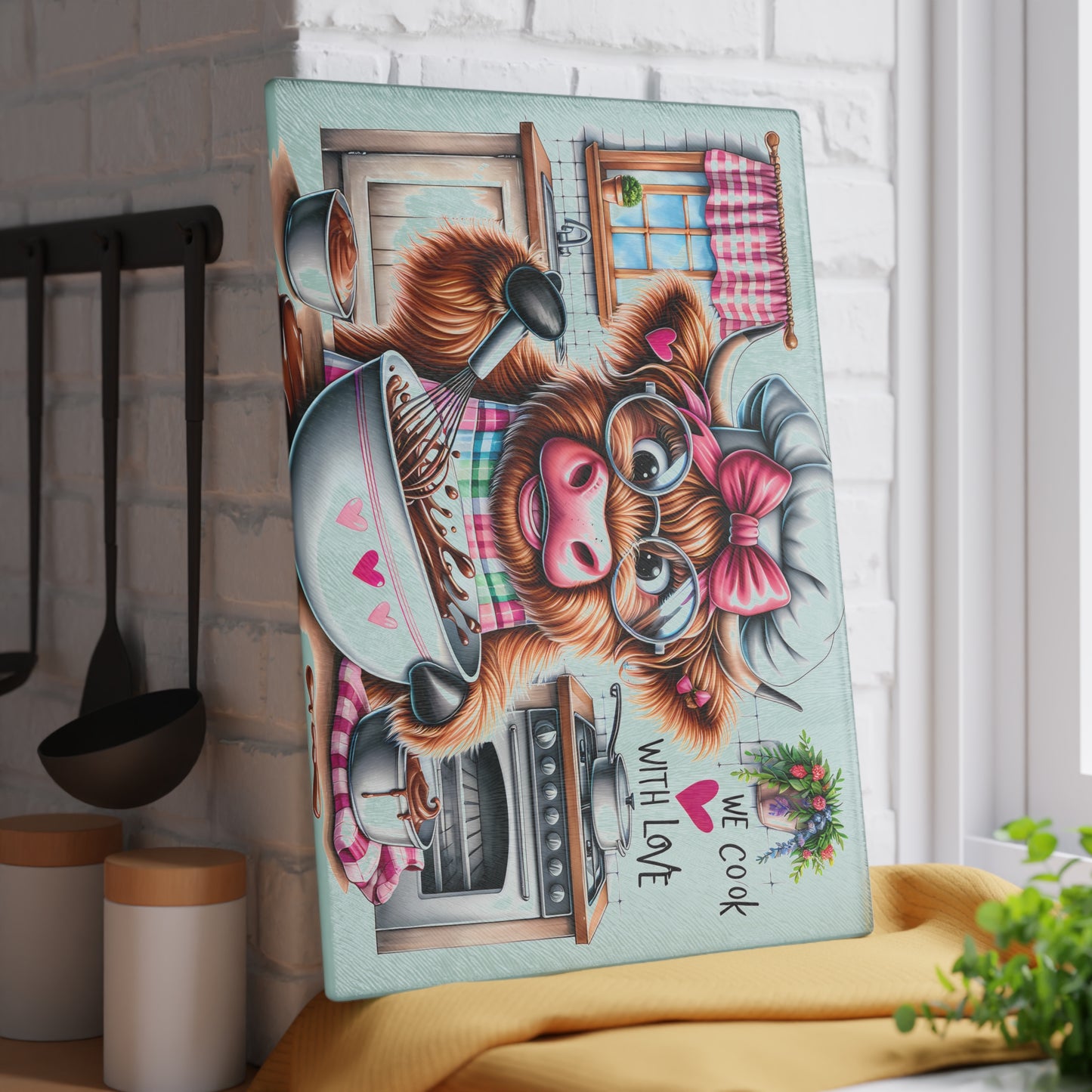 🐮 Sweet Highland Cow Baking Cutting Board – "We Cook With Love" Kitchen Whimsy