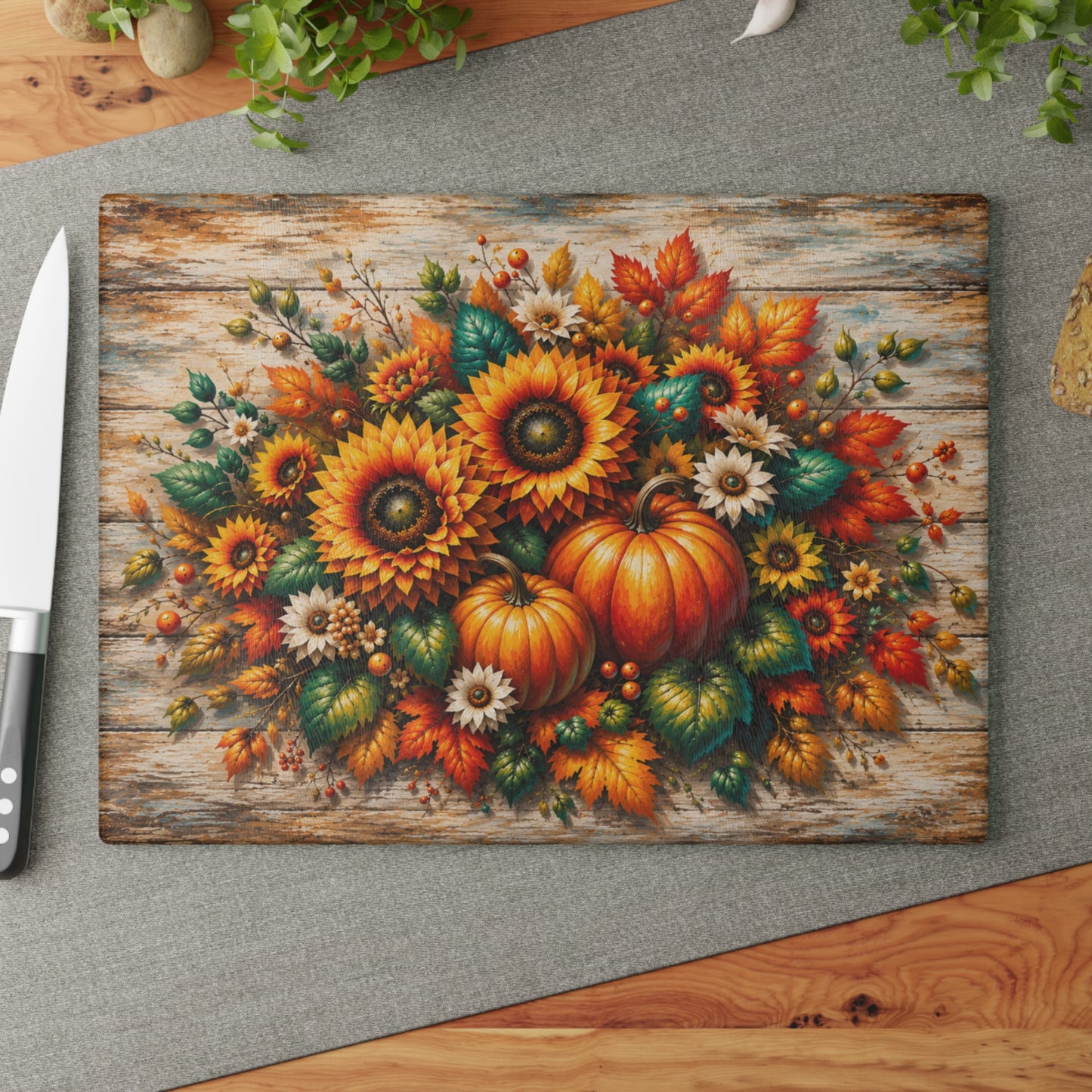 Autumn Sunflower & Pumpkin Glass Cutting Board – Rustic Fall Harvest Kitchen Decor