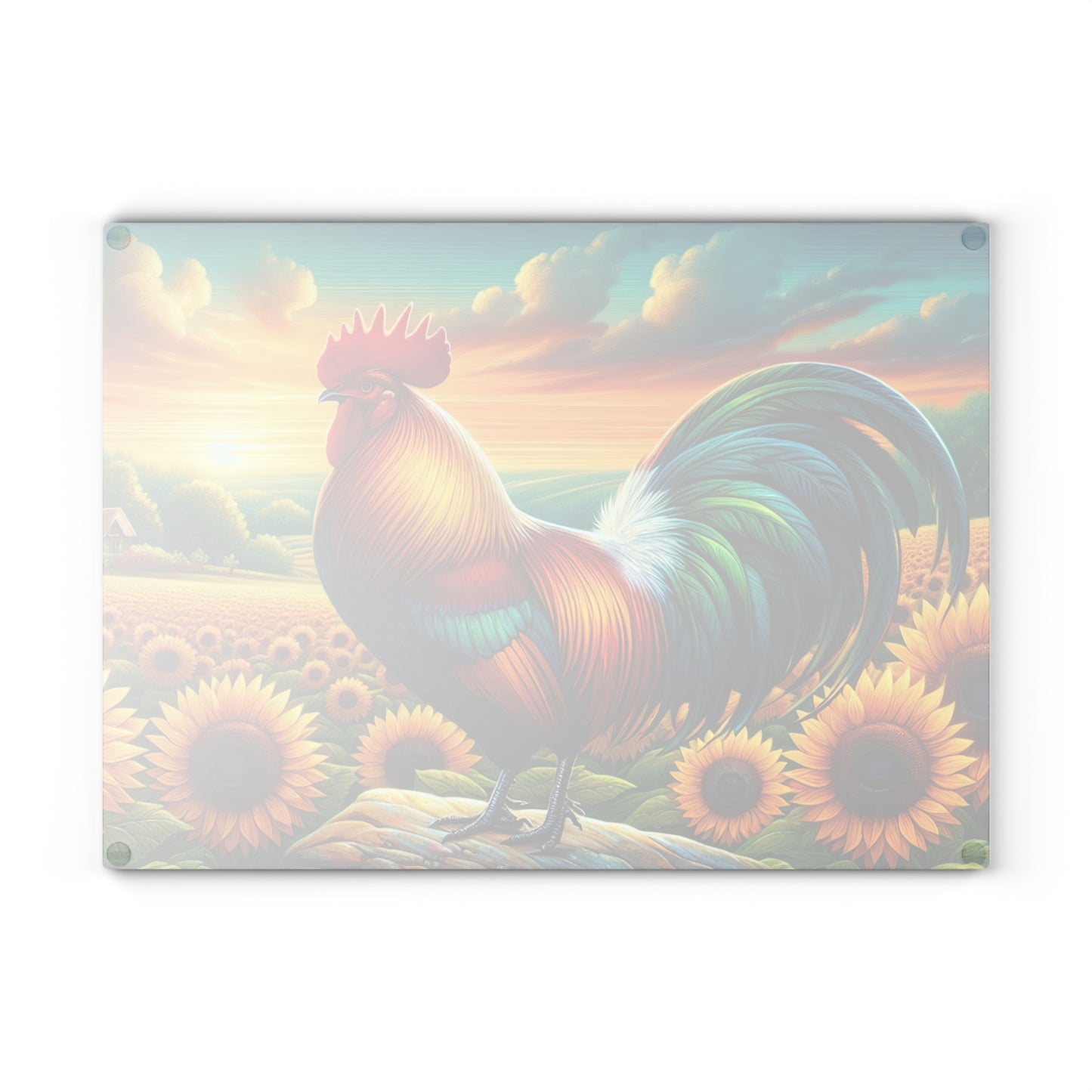🐓🌻 Rooster on a Rock Glass Cutting Board – Bold Barnyard Charm in a Sunflower Field 🌾🌞