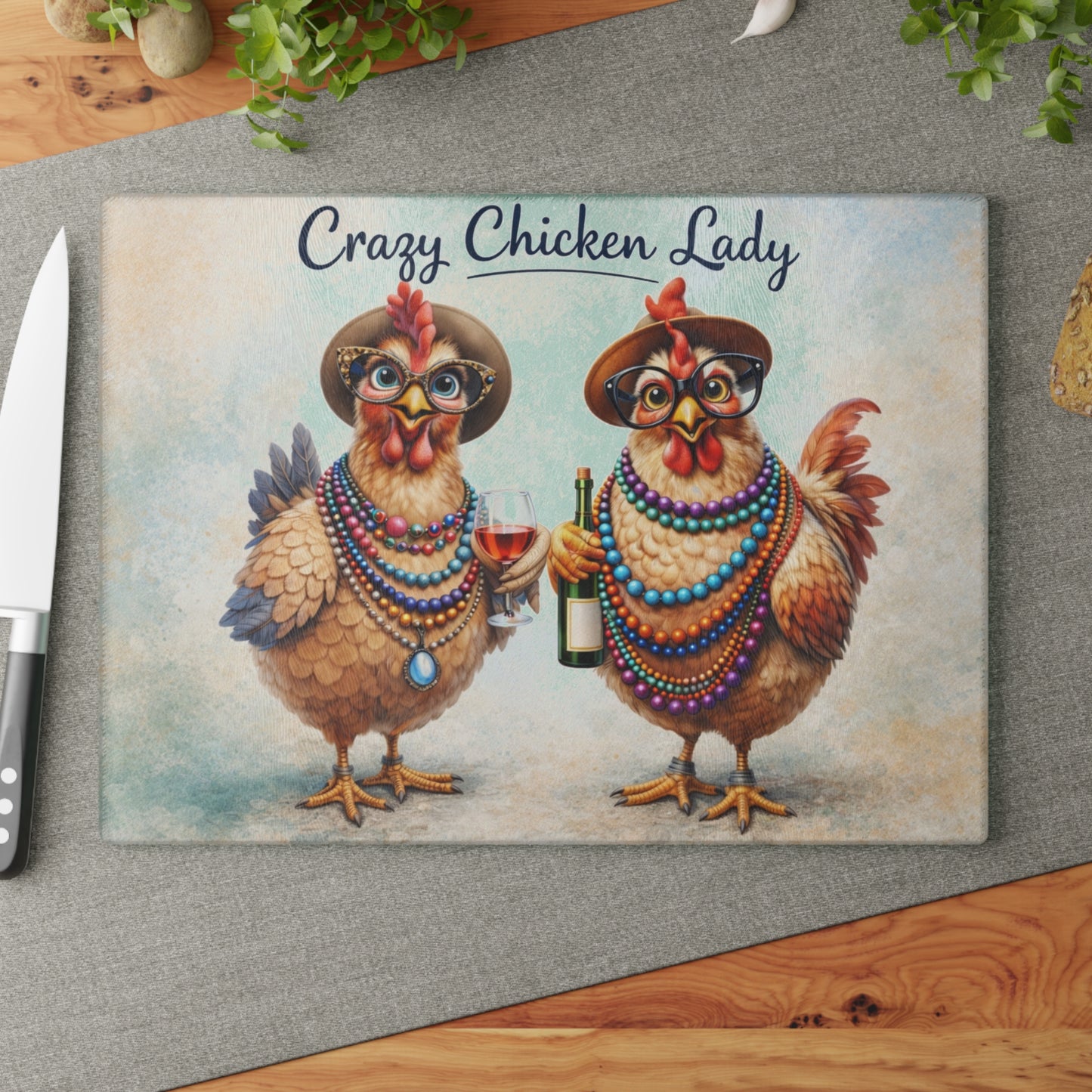 Crazy Chicken Lady Glass Cutting Board – Funny Chicken Farmhouse Kitchen Artwork