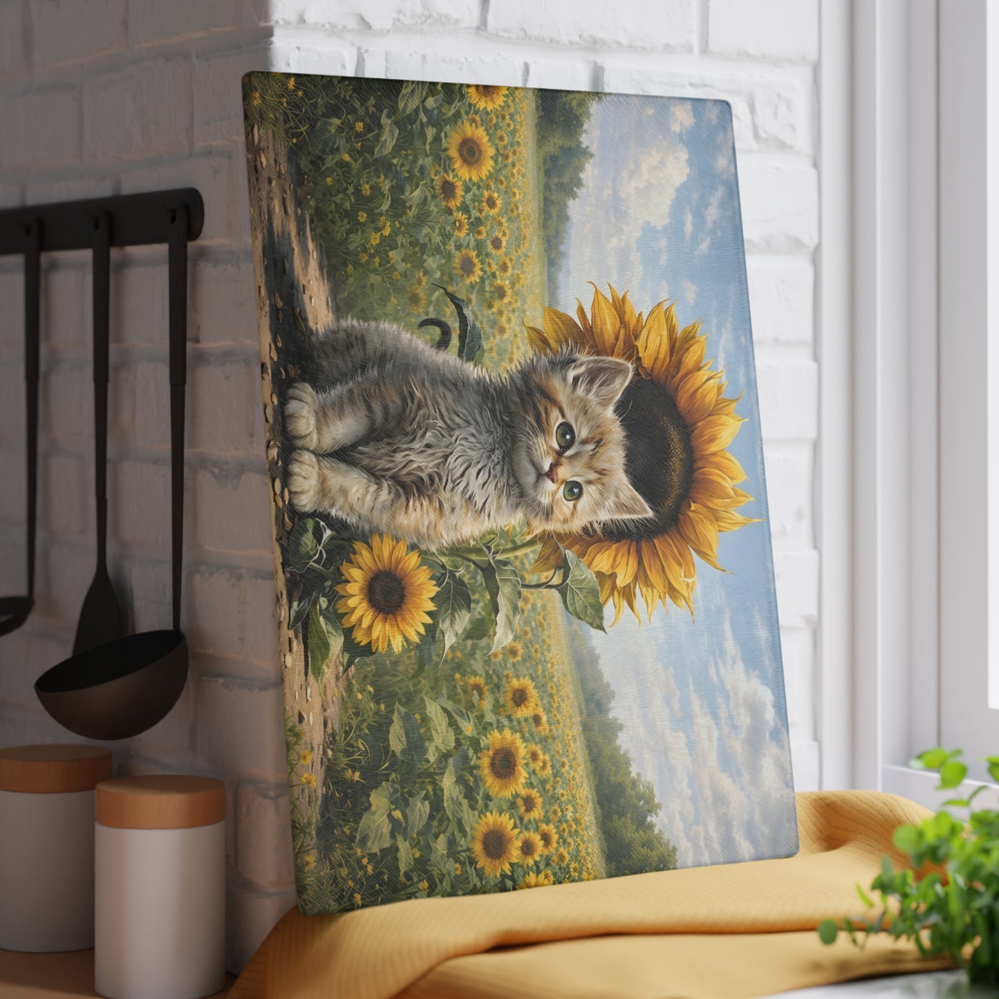 Sunflower Kitten Glass Cutting Board – Whimsical Floral Cat Art Kitchen Decor