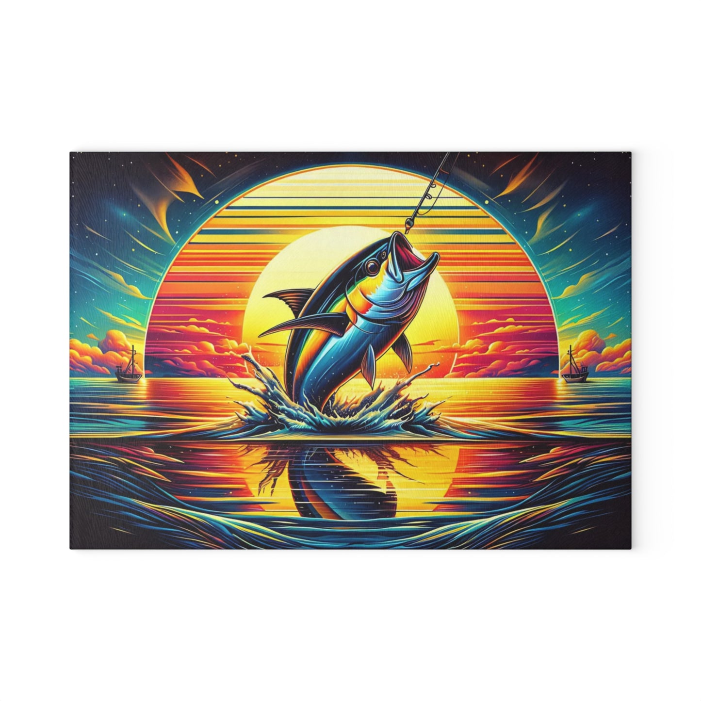 Vibrant Fishing Sunset Glass Cutting Board – Coastal Angler Kitchen Art