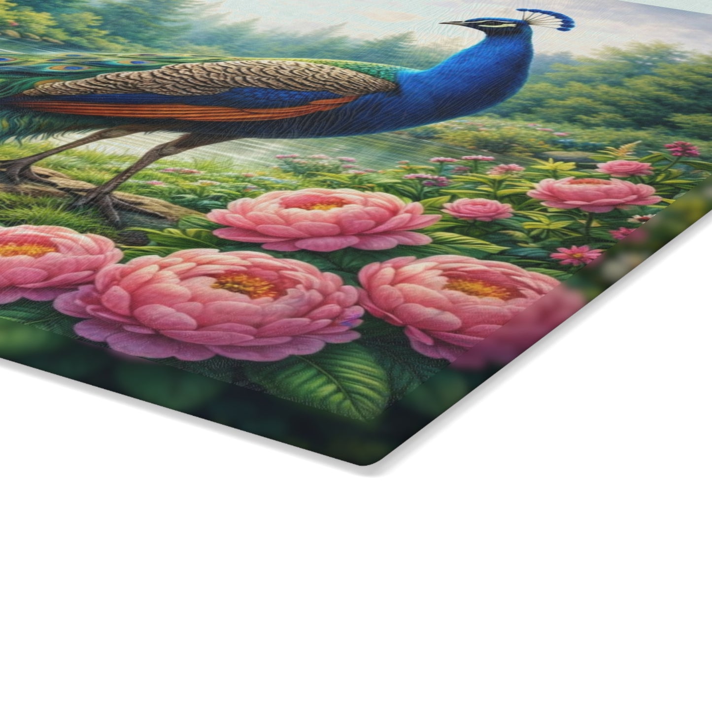Teal Peacock Garden Glass Cutting Board – Elegant Floral Nature Art Kitchen Display