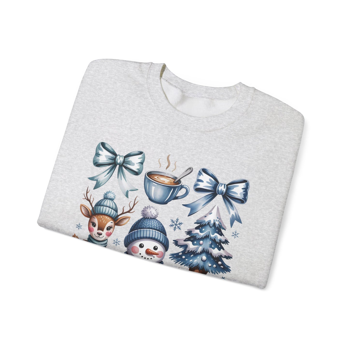❄️💙 Cozy Winter Vibes Crewneck – Reindeer, Snowman, Cocoa & Bows