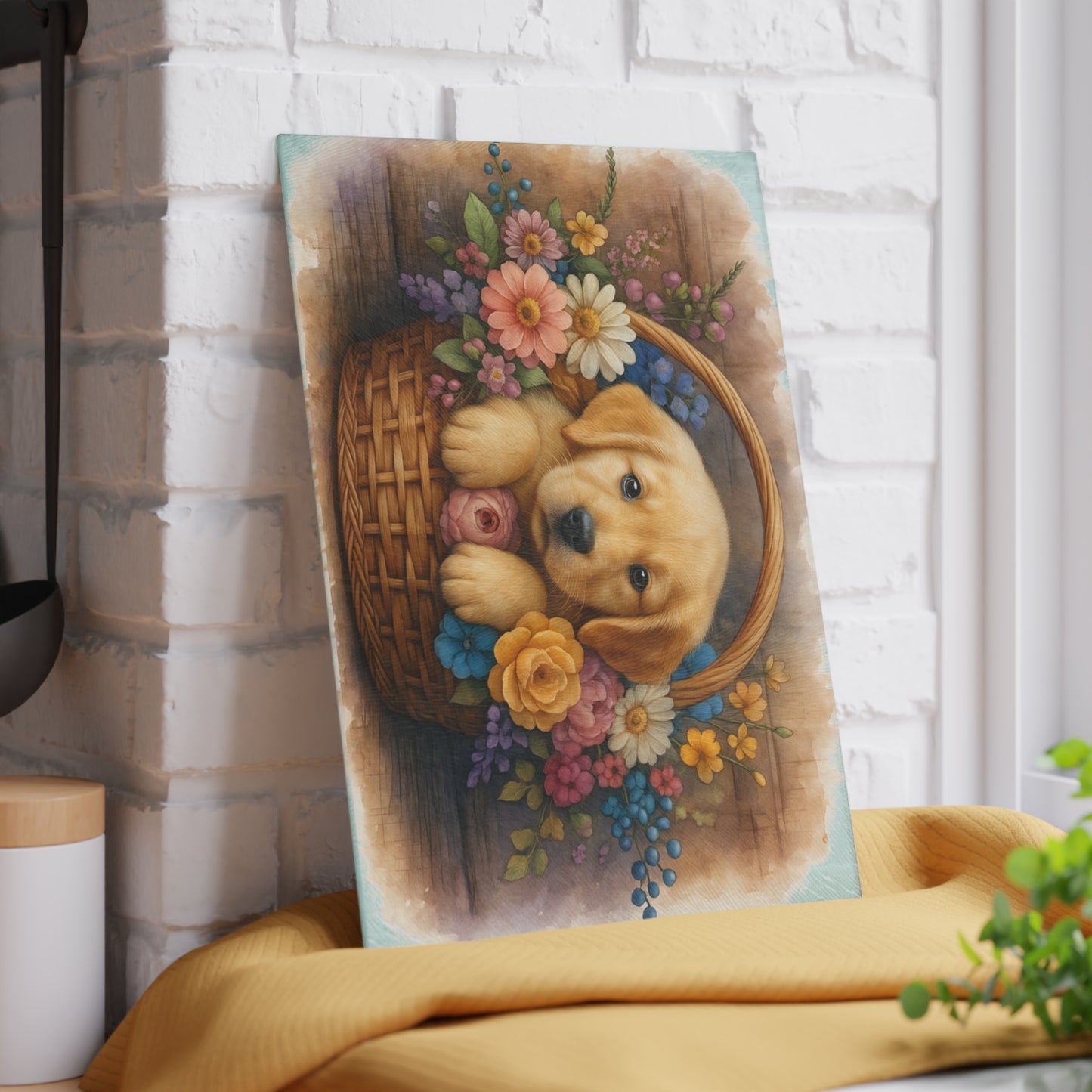 🐾🌼 Golden Puppy in Basket Cutting Board – Timeless Sweetness for Your Kitchen 🌸