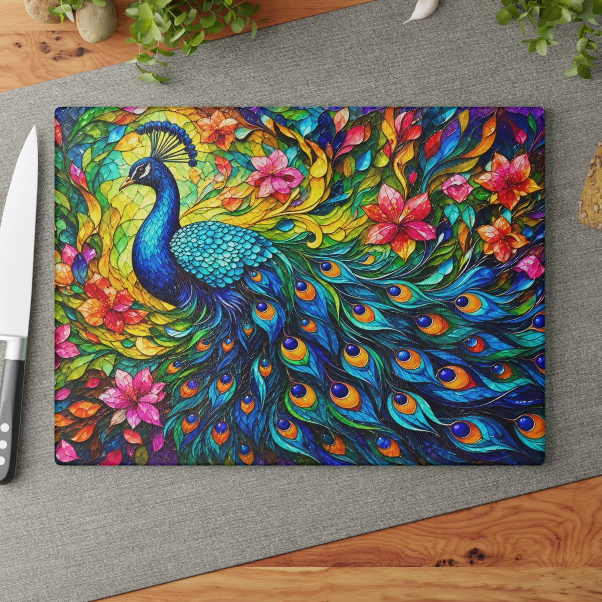 Colorful Peacock Stained-Glass-Inspired Cutting Board – Vibrant Peacock Feathers, Tropical Flowers & Elegant Kitchen Décor