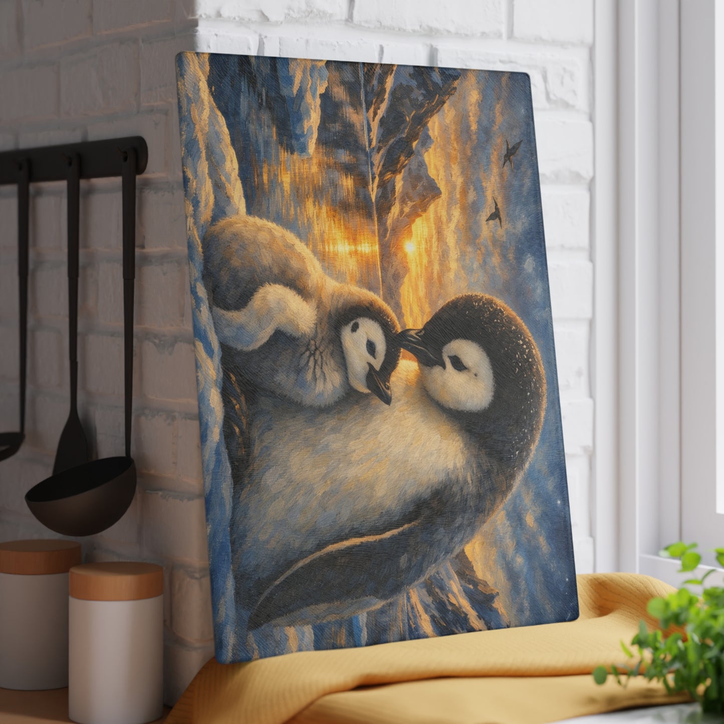 Penguins at Golden Arctic Sunset Glass Cutting Board – Mother and Baby Wildlife Artwork
