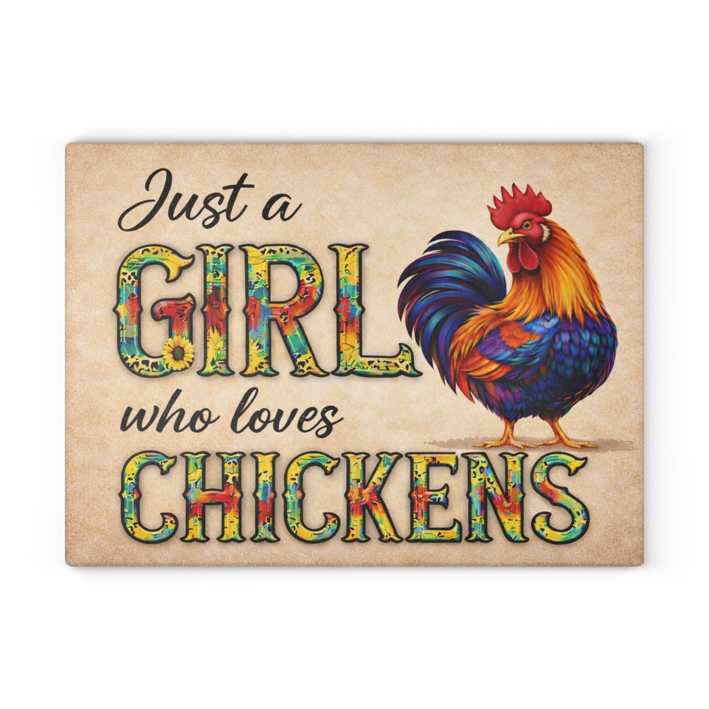 Just a Girl Who Loves Chickens Glass Cutting Board – Colorful Rooster Farm Kitchen Decor